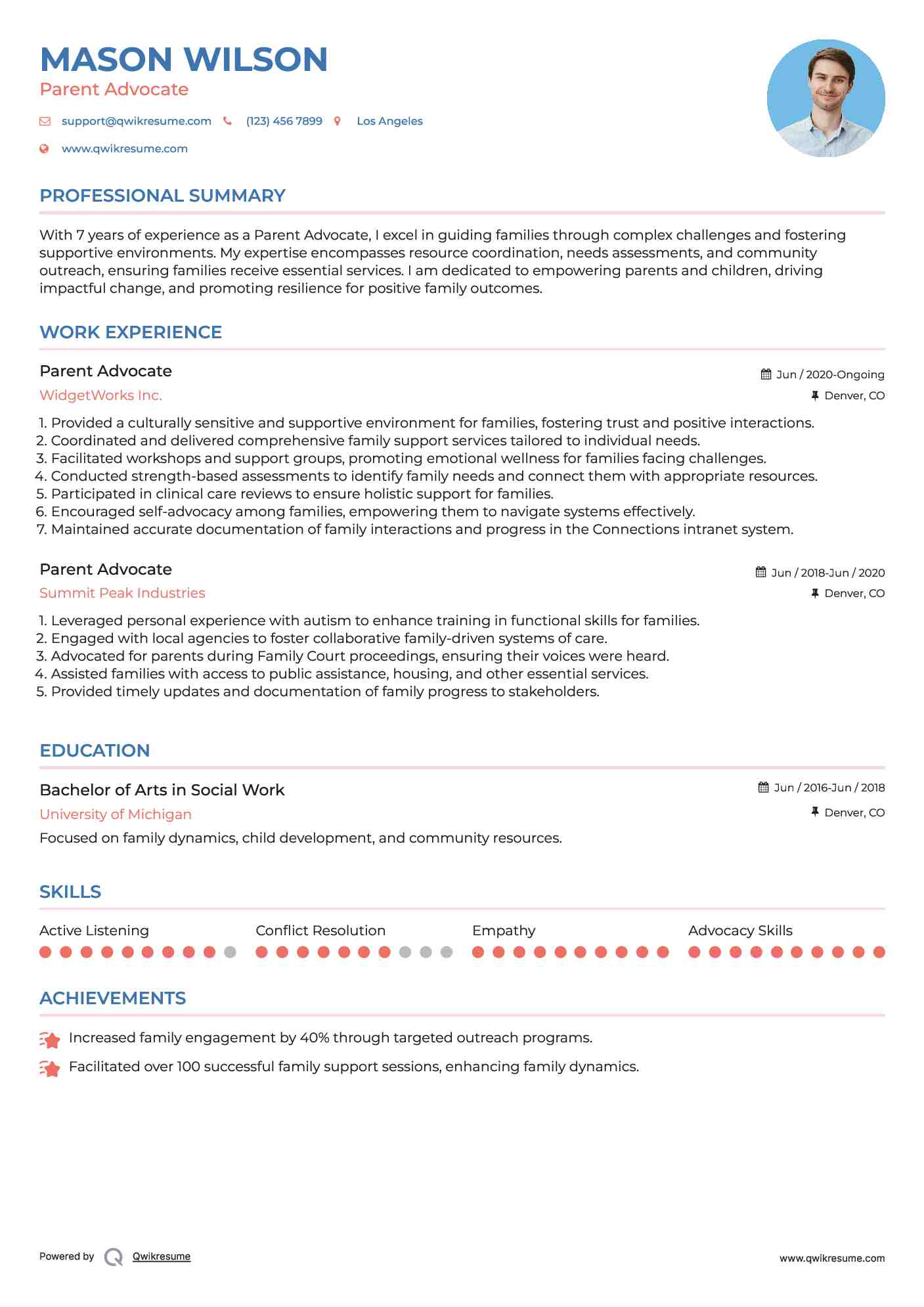 Parent Advocate Resume Sample