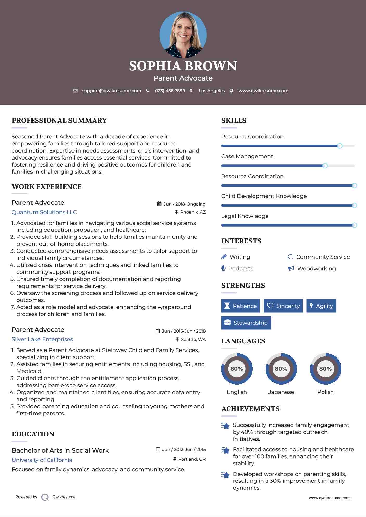 Parent Advocate Resume Model
