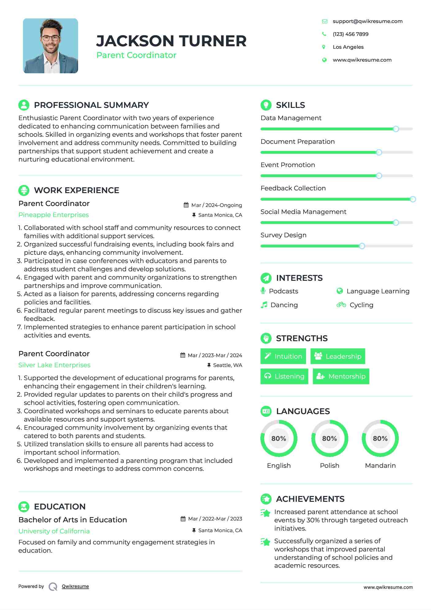 Parent Coordinator Resume Example