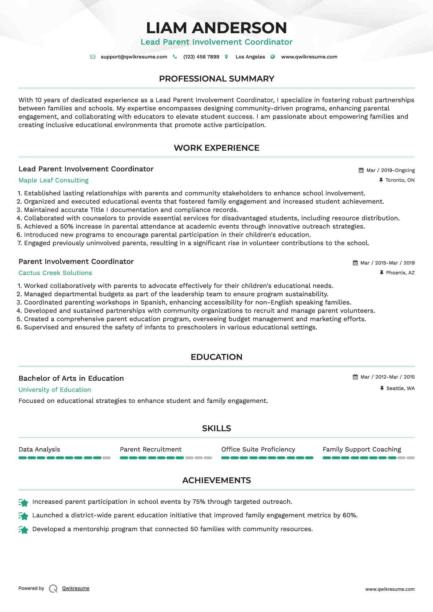 Lead Parent Involvement Coordinator Resume Model