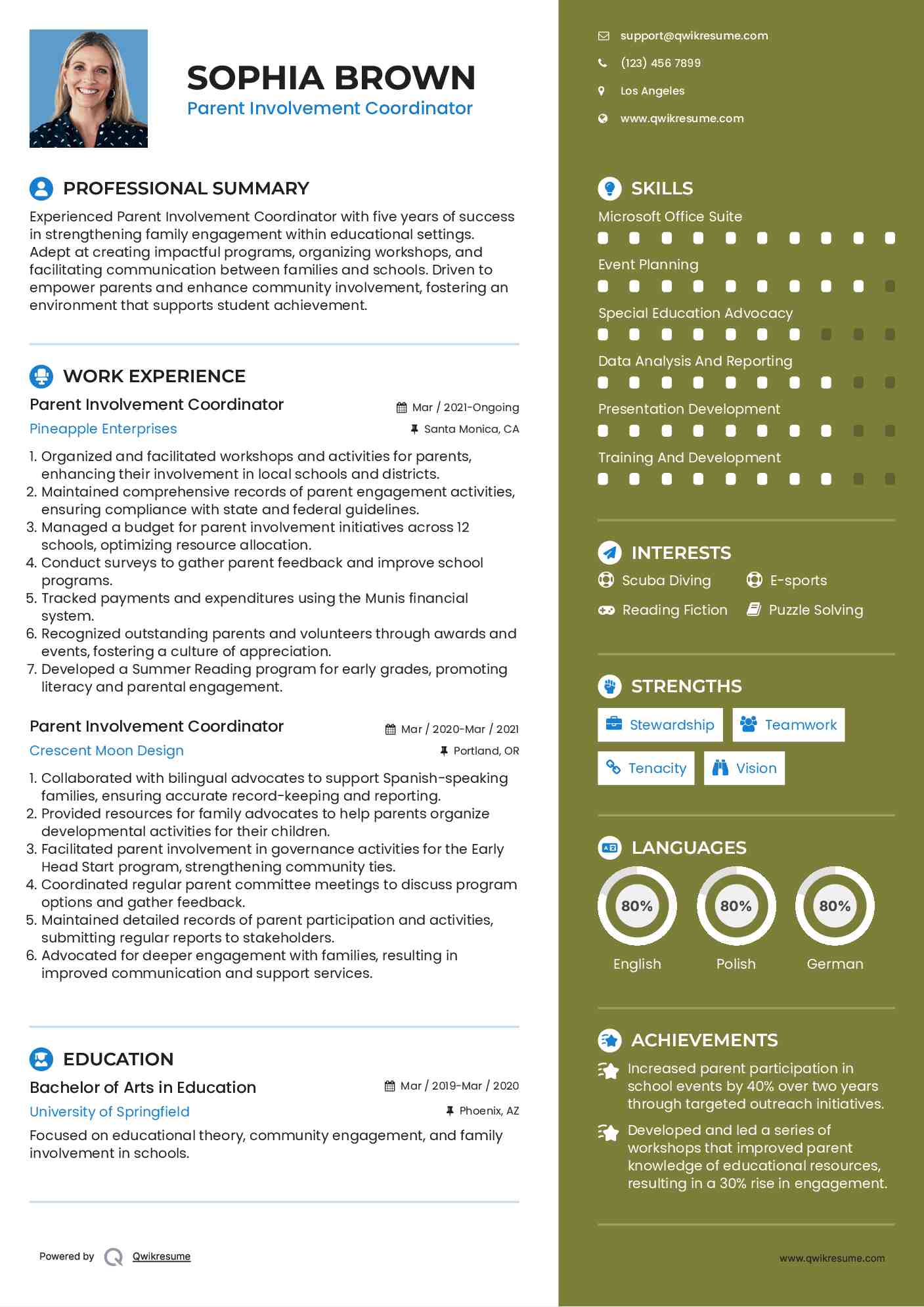 Parent Involvement Coordinator Resume Example