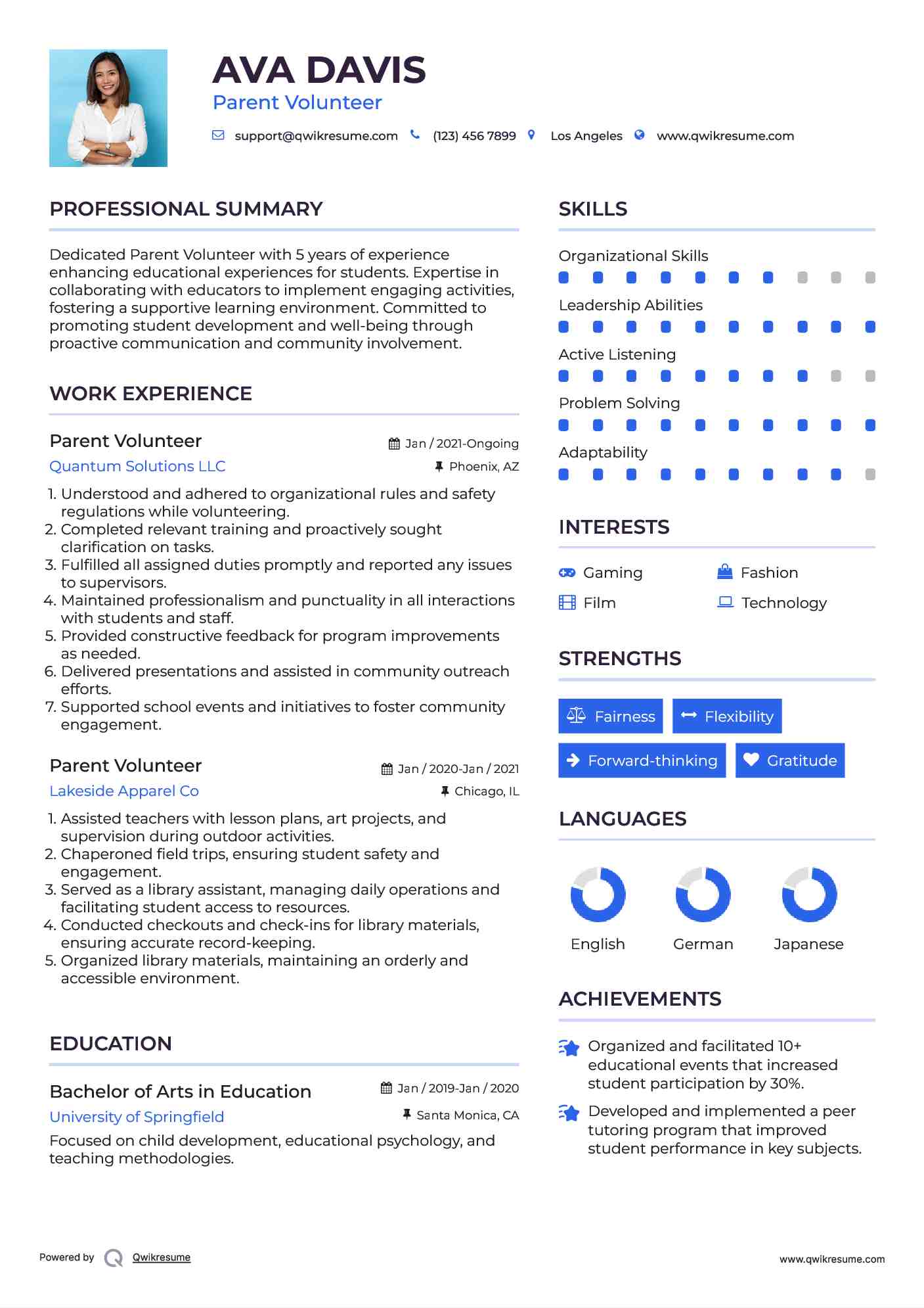 Parent Volunteer Resume Model