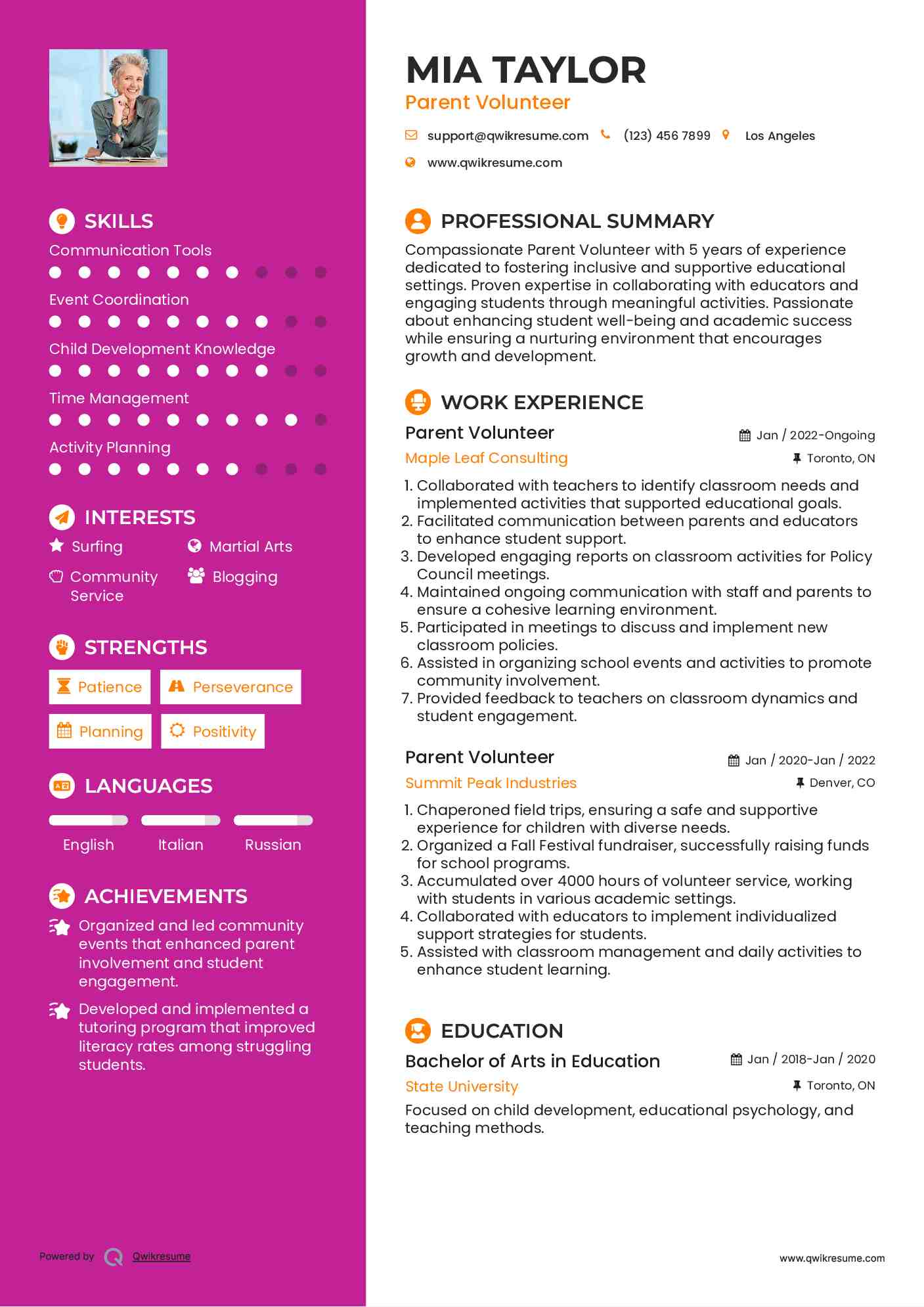 Parent Volunteer Resume Example