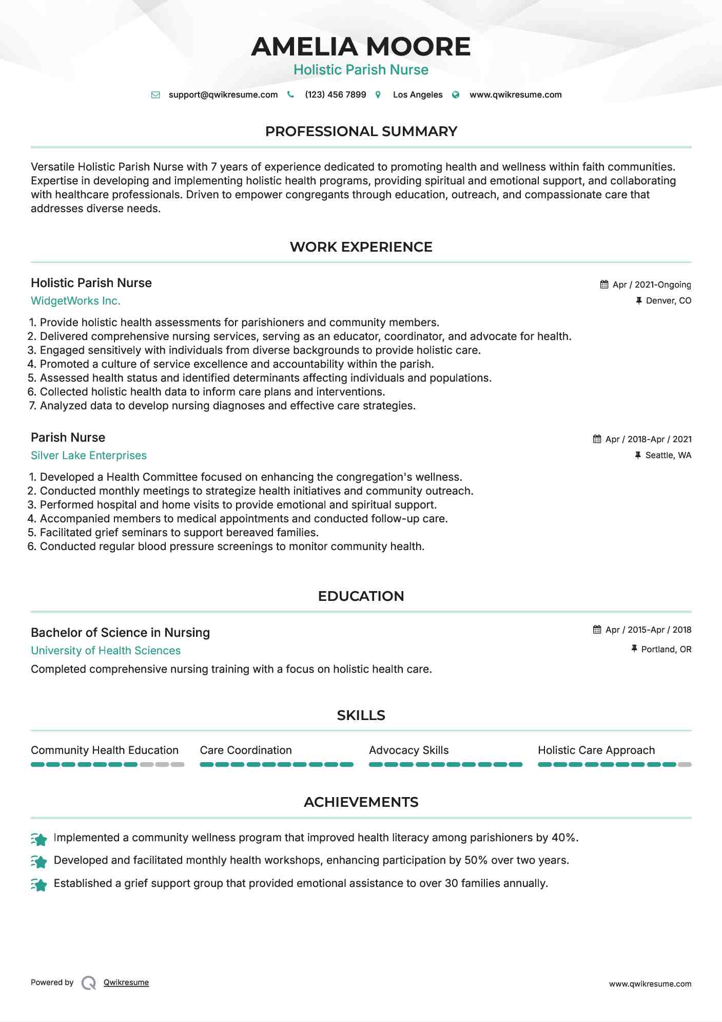 Holistic Parish Nurse Resume Model