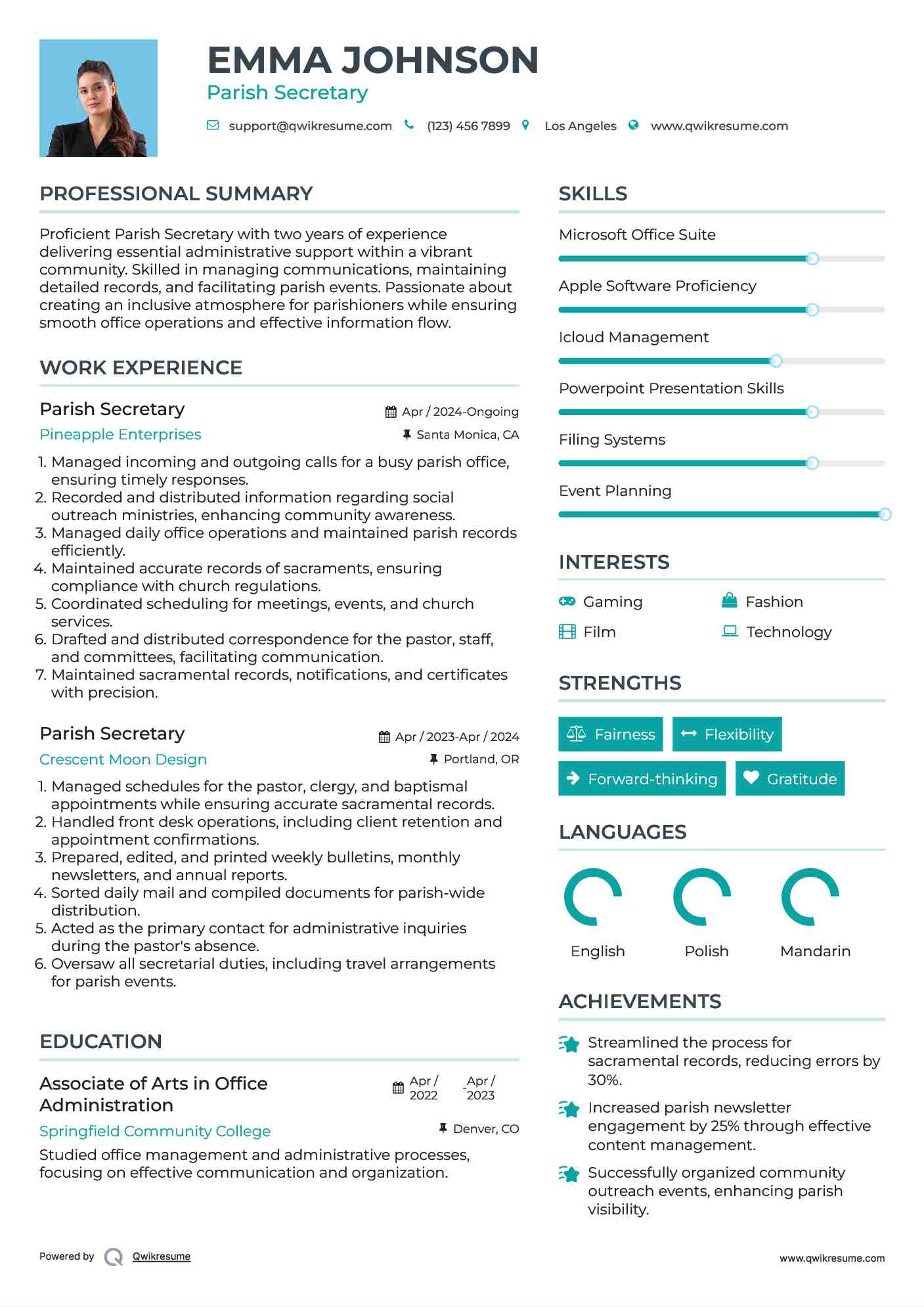 Parish Secretary Resume Example