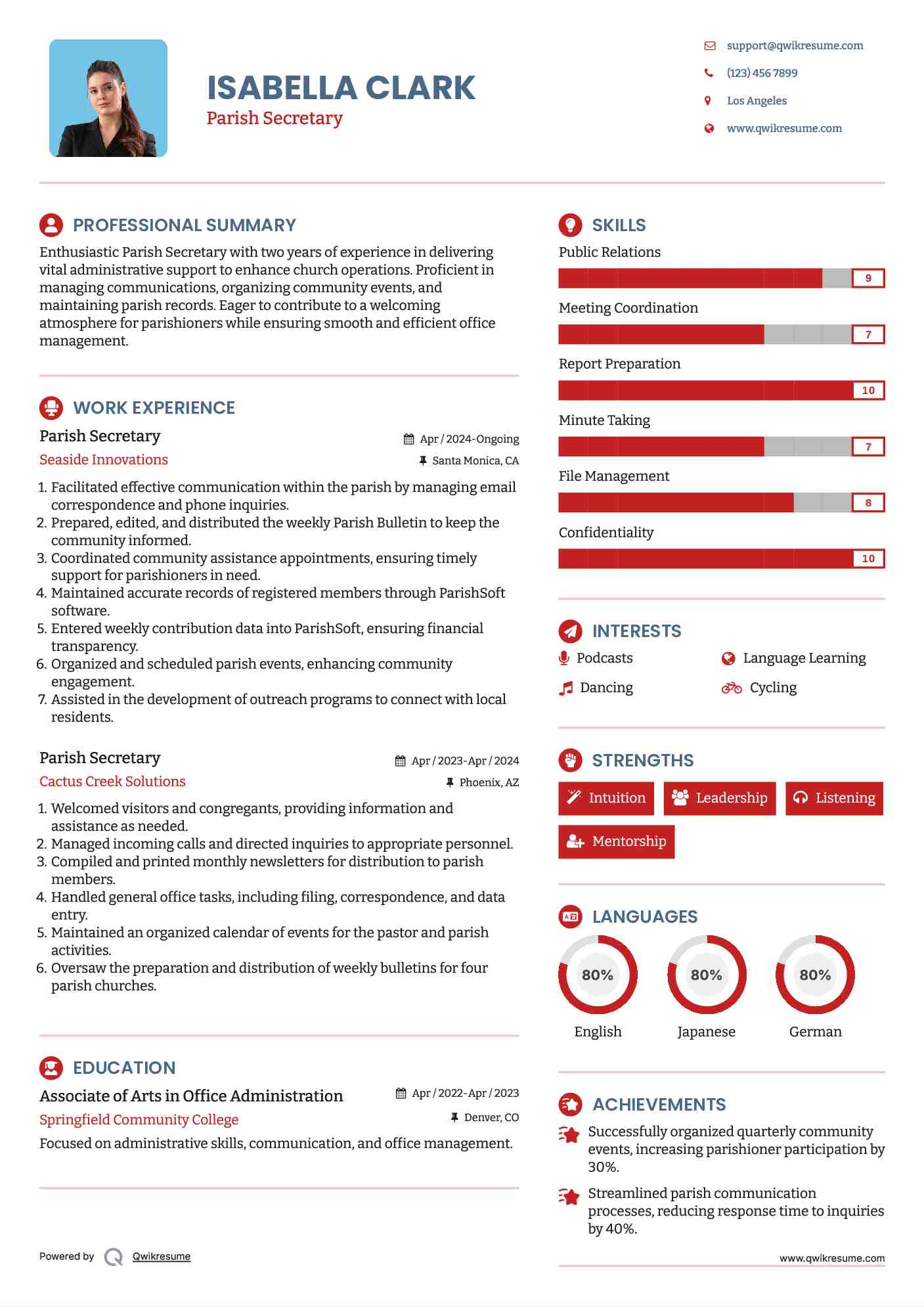 Parish Secretary Resume Example