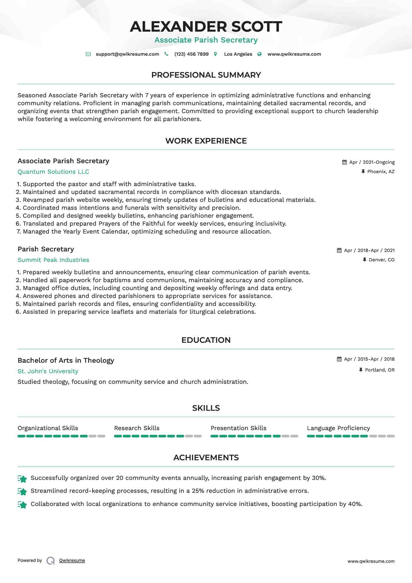 Associate Parish Secretary Resume Template