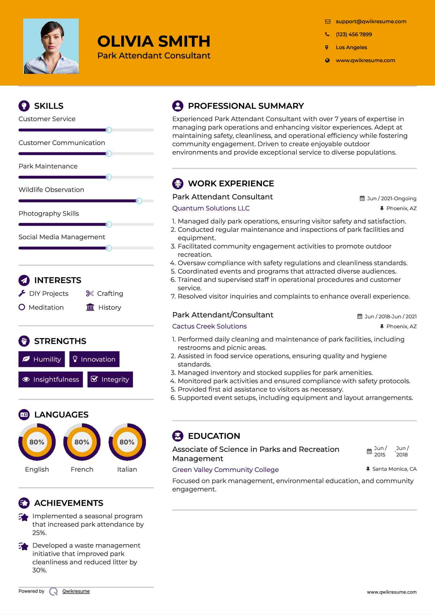 Park Attendant Consultant Resume Model
