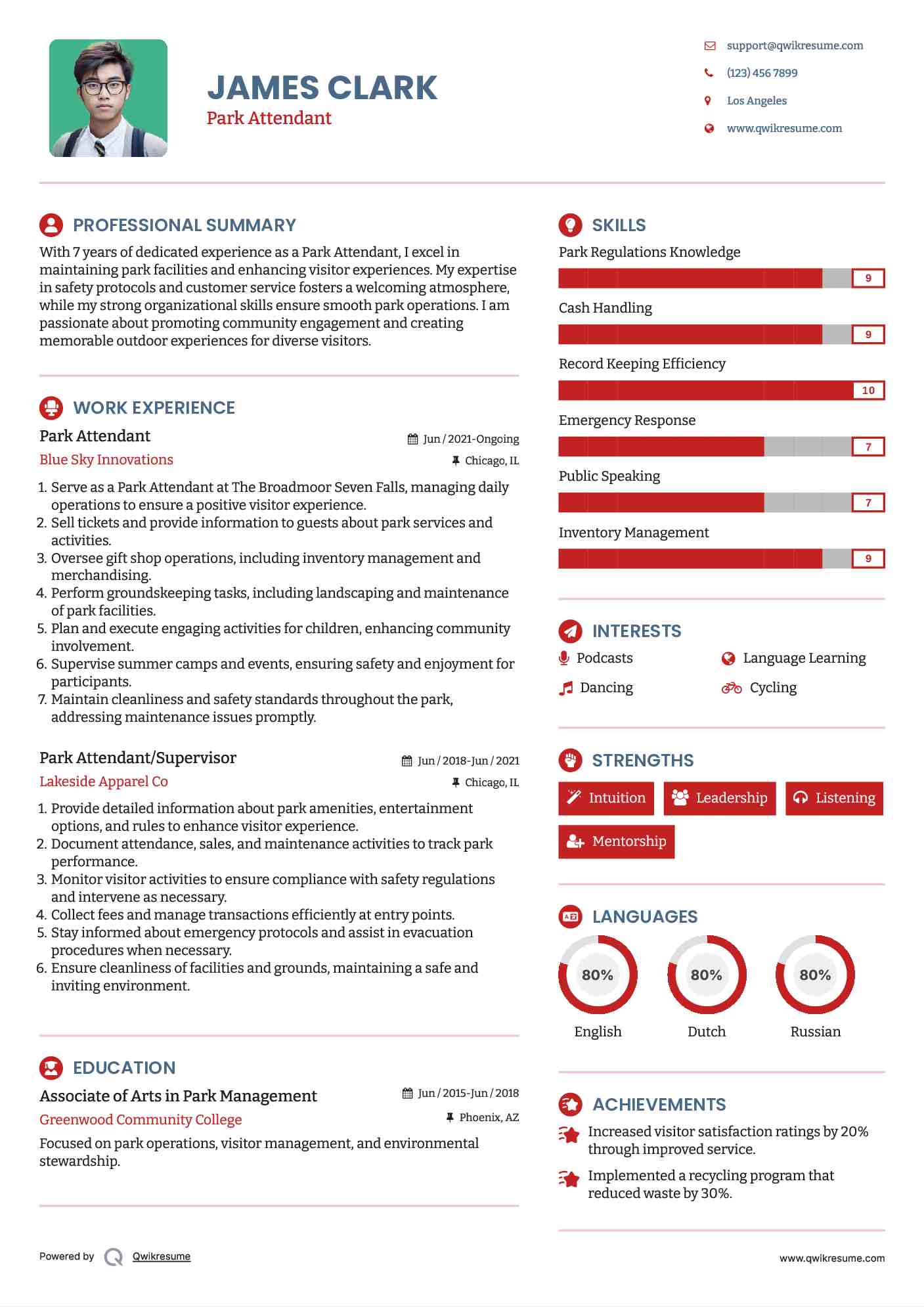 Park Attendant Resume Sample