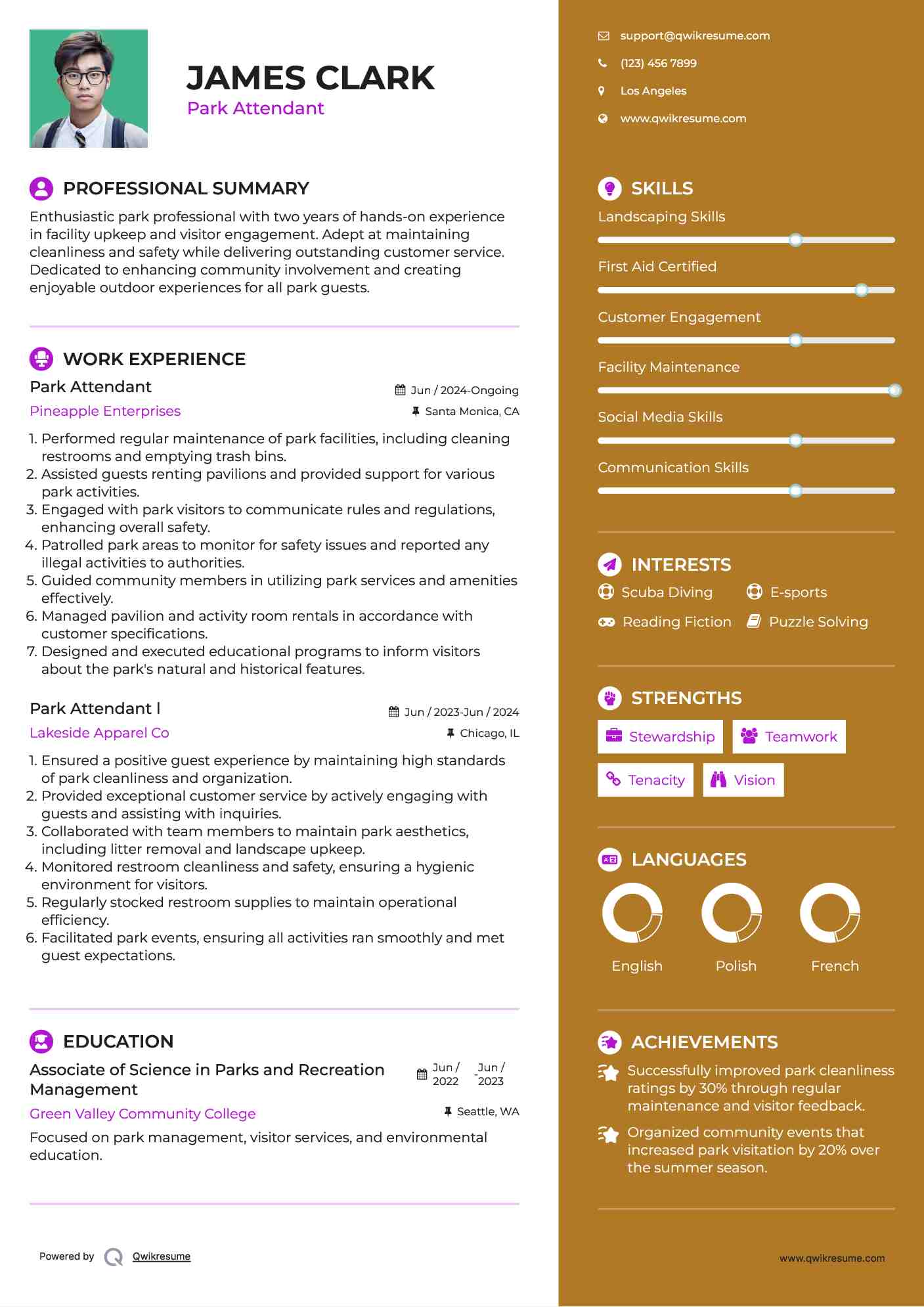 Park Attendant Resume Sample