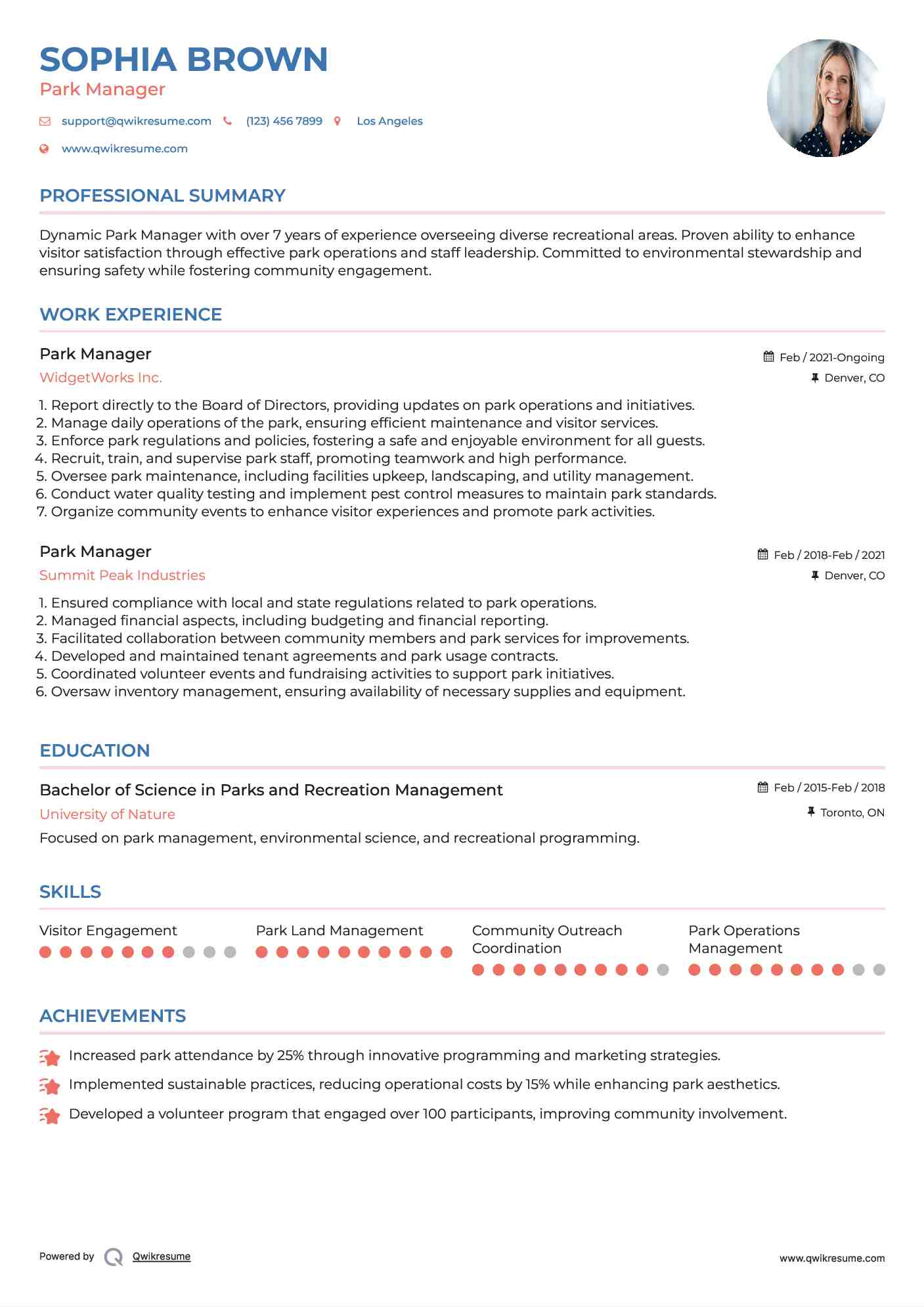 Park Manager Resume Template