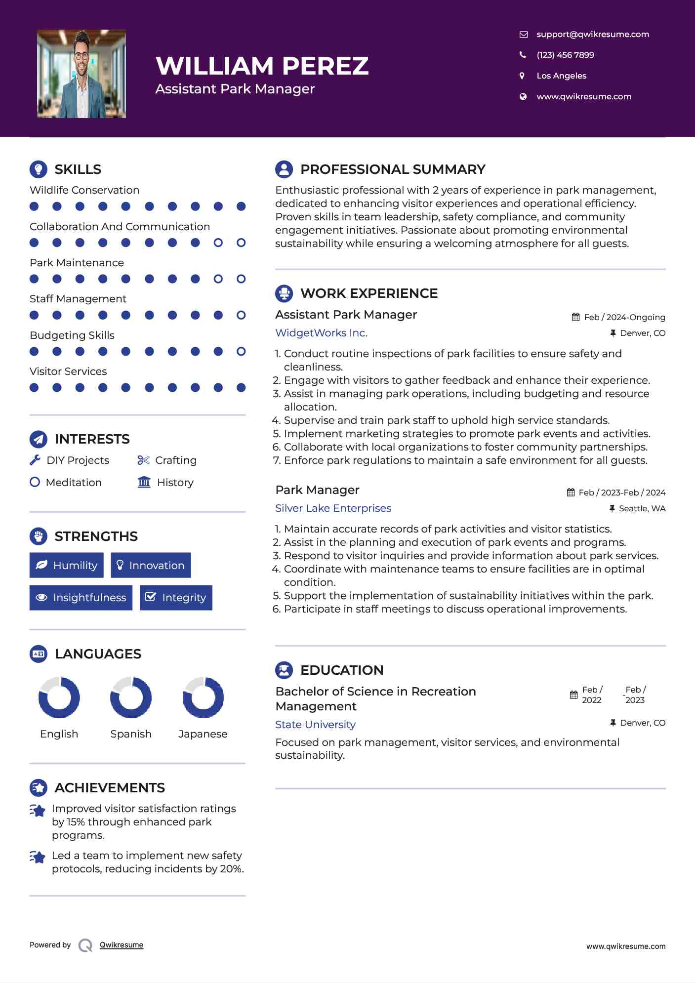 Assistant Park Manager Resume Sample