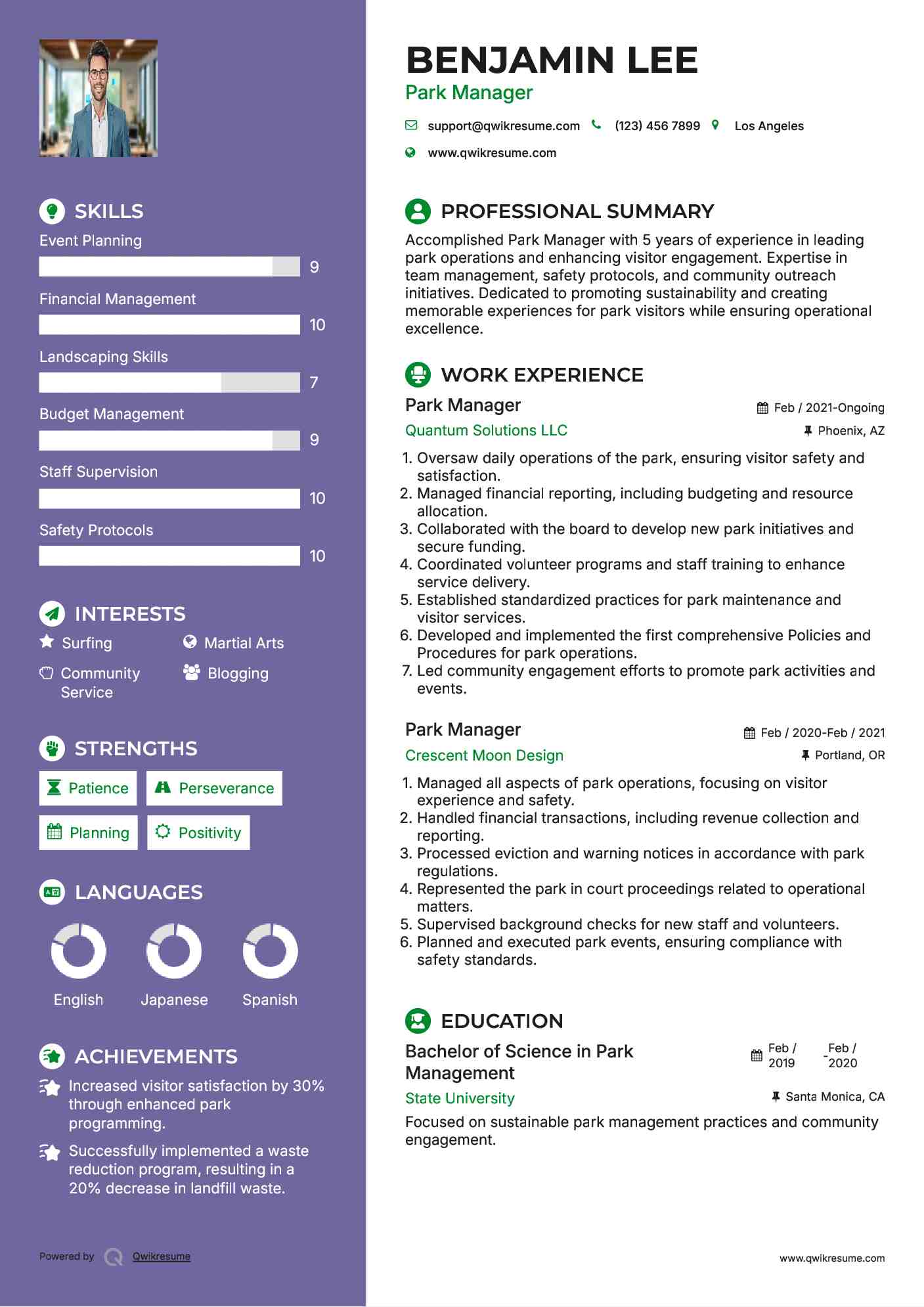 Park Manager Resume Format