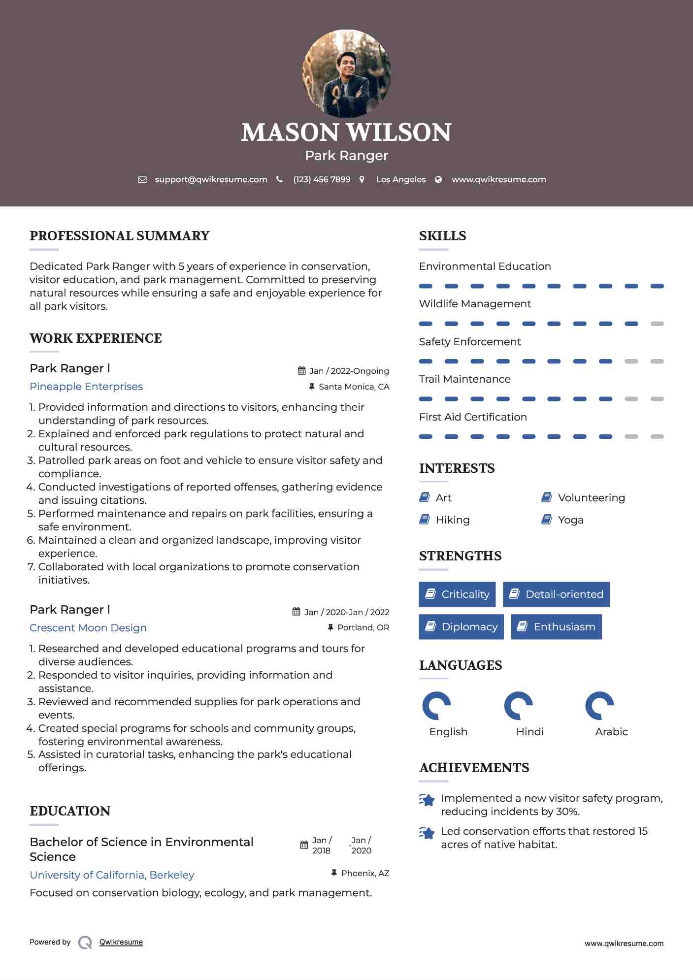 Park Ranger l Resume Example