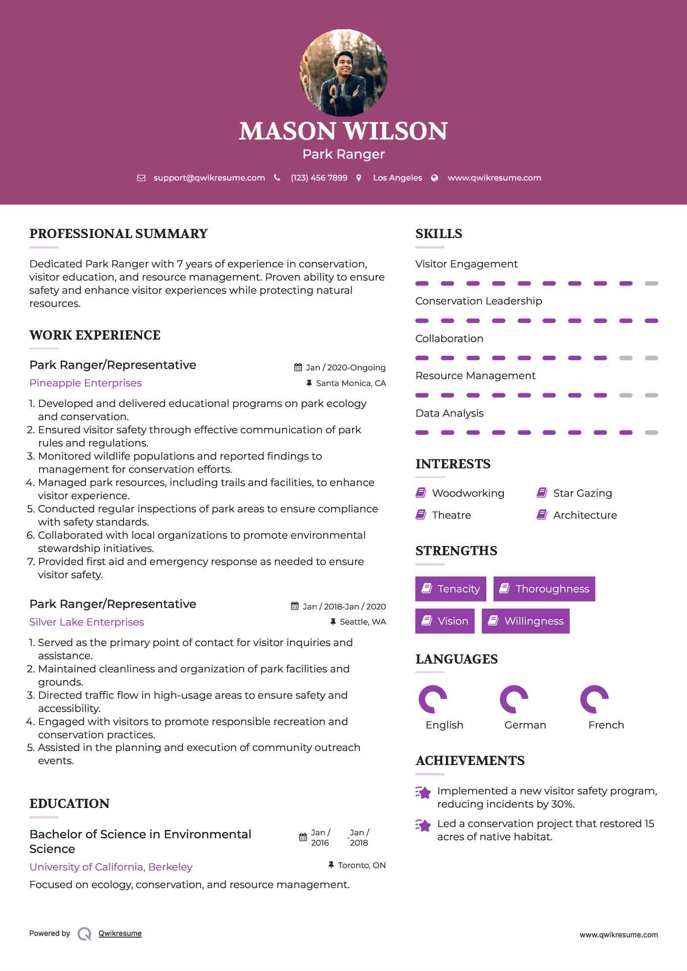 Park Ranger/Representative Resume Template