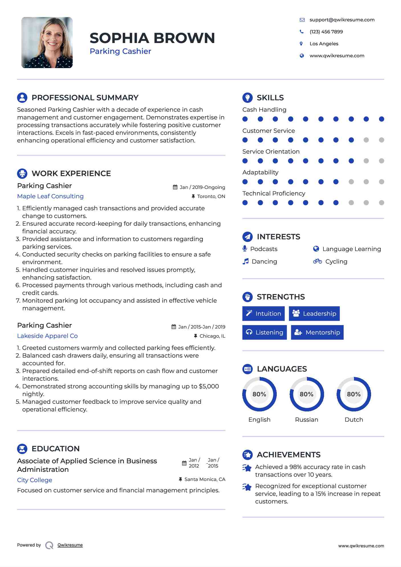 Parking Cashier Resume Example