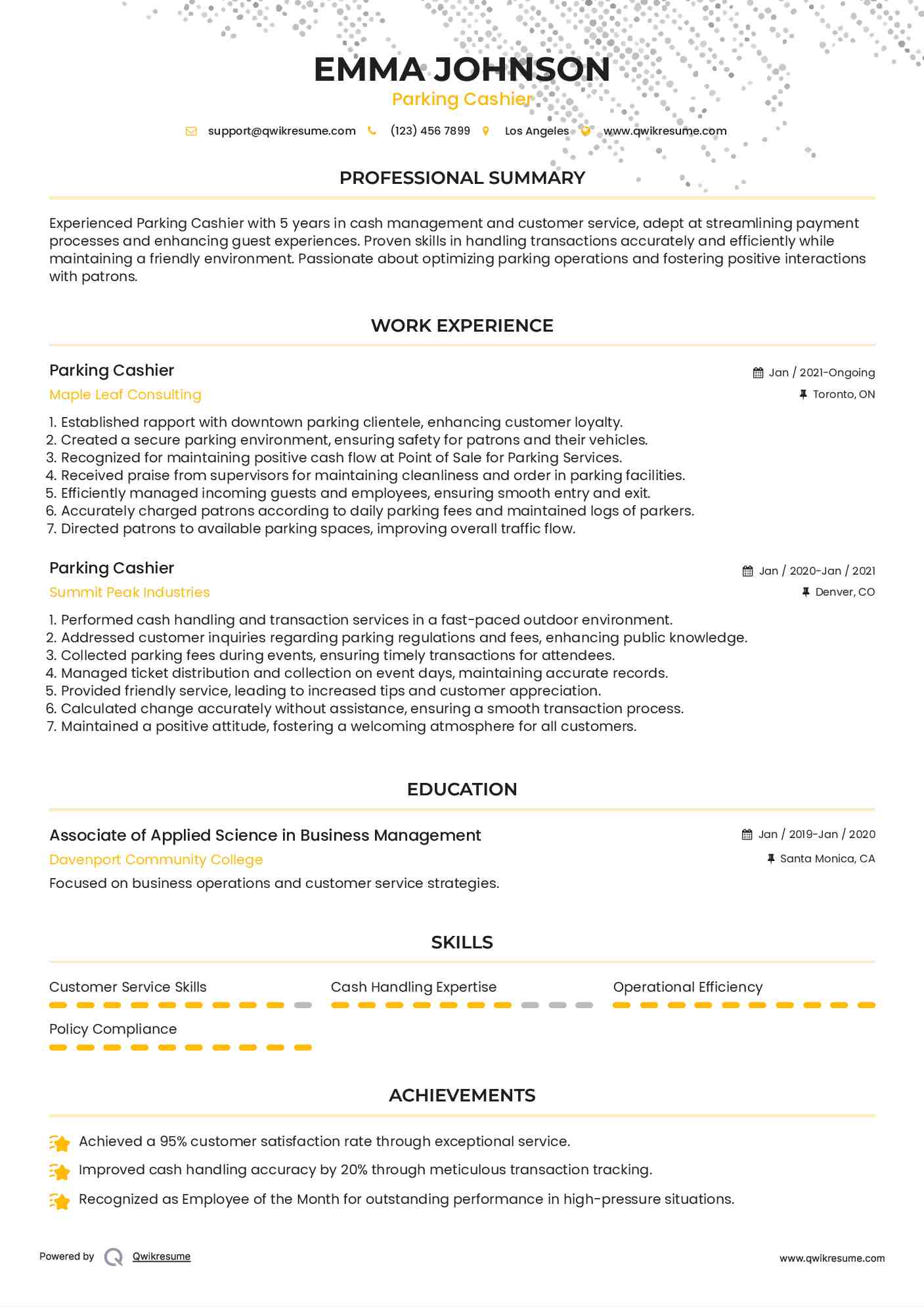 Parking Cashier Resume Example