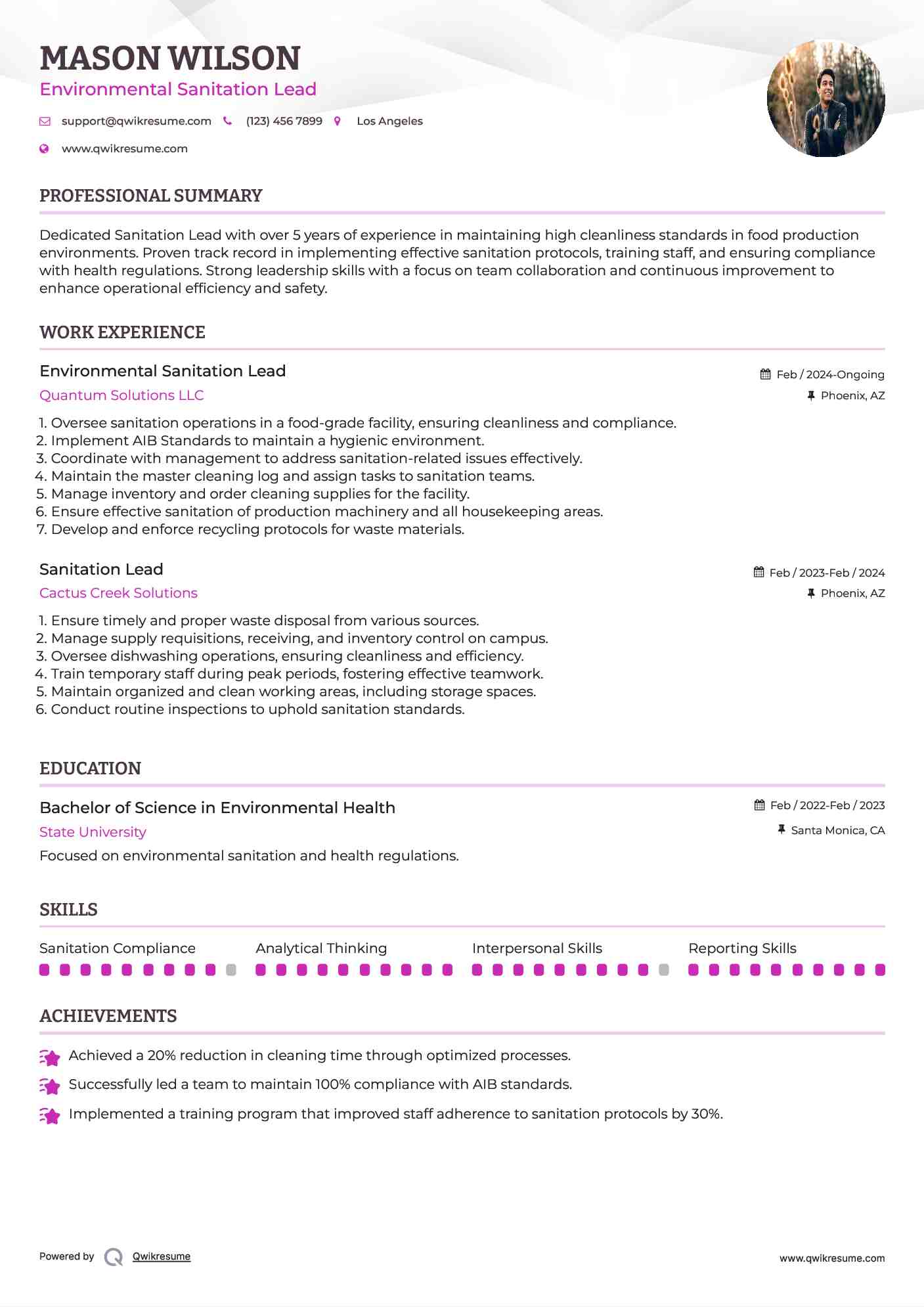 Environmental Sanitation Lead
 Resume Model