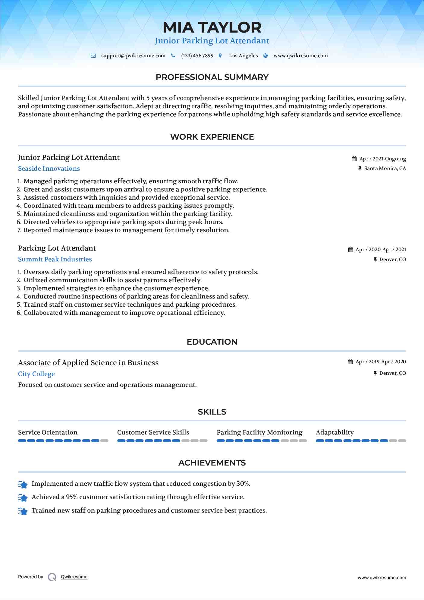 Junior Parking Lot Attendant  Resume Model