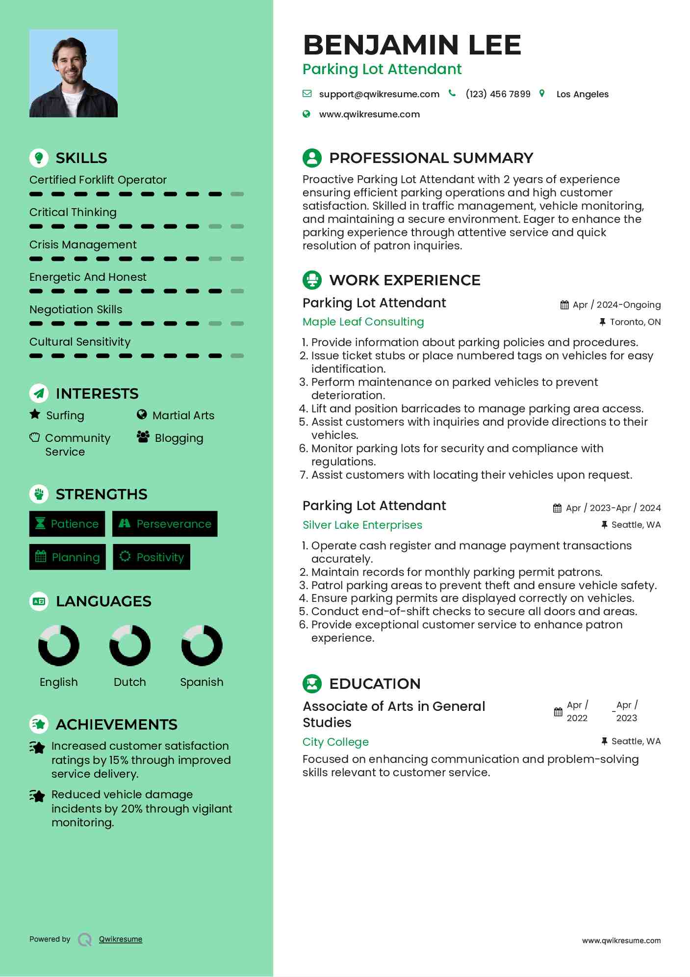 Parking Lot Attendant Resume Example