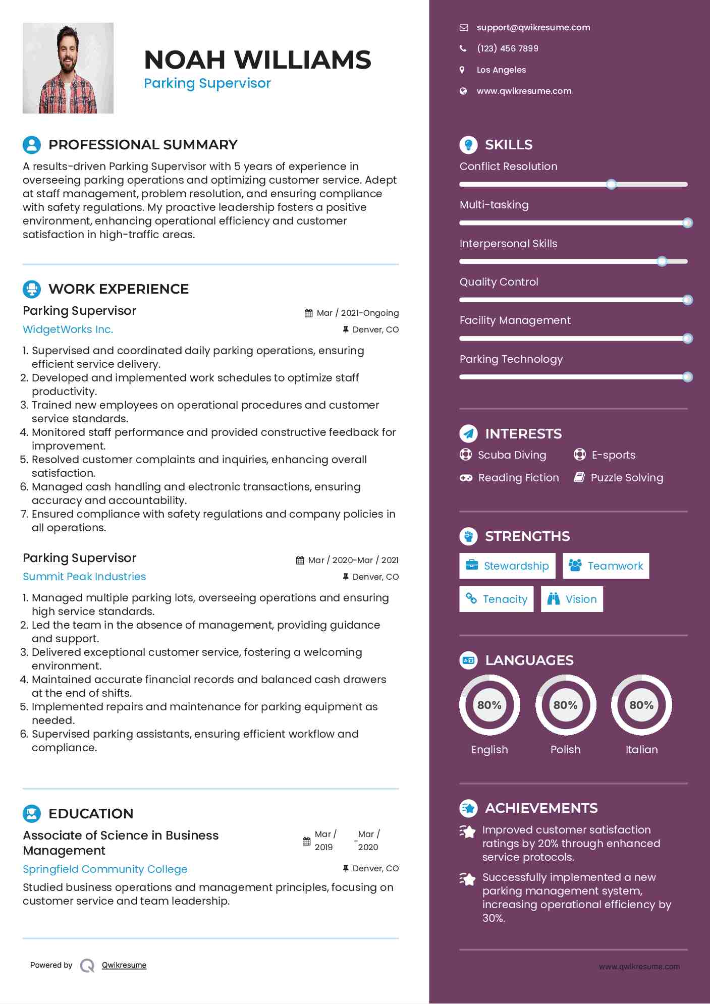 Parking Supervisor Resume Format