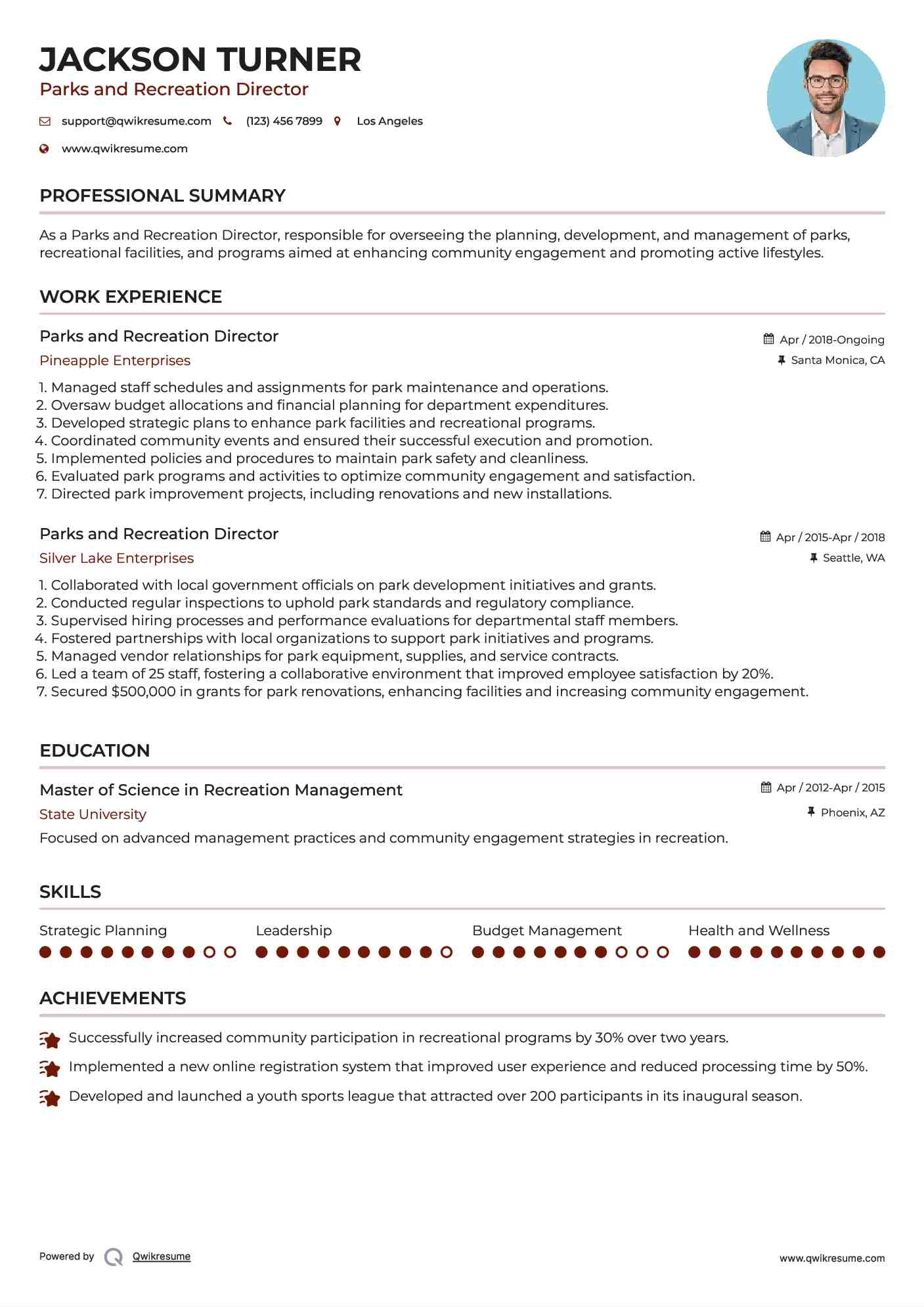 Parks and Recreation Director Resume Example