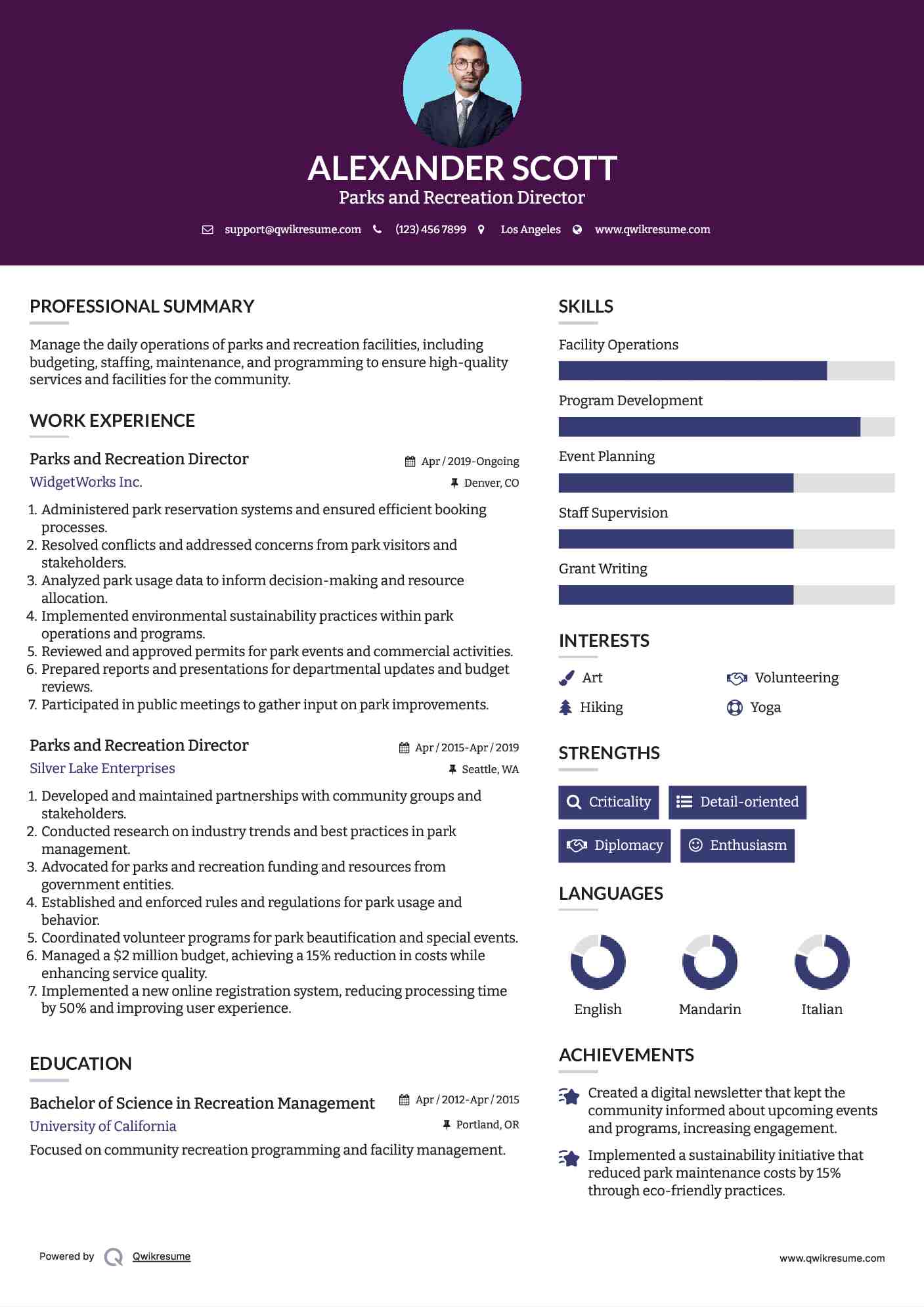 Parks and Recreation Director Resume Format