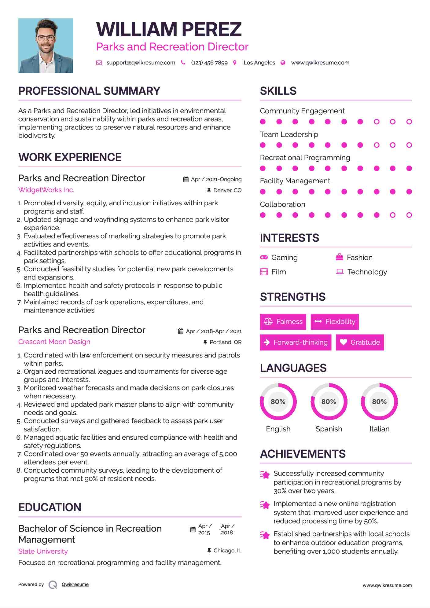 Parks and Recreation Director Resume Example