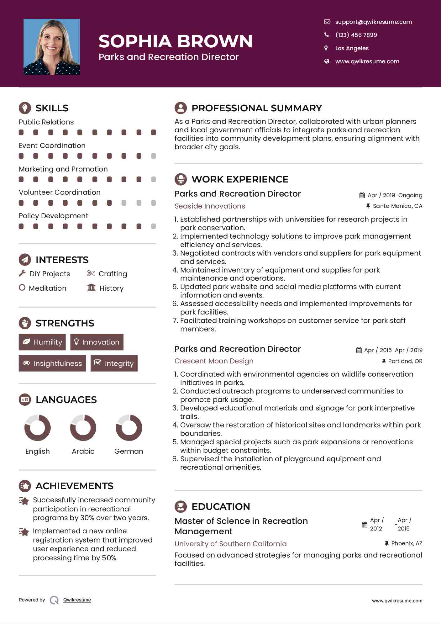 Parks and Recreation Director Resume Example