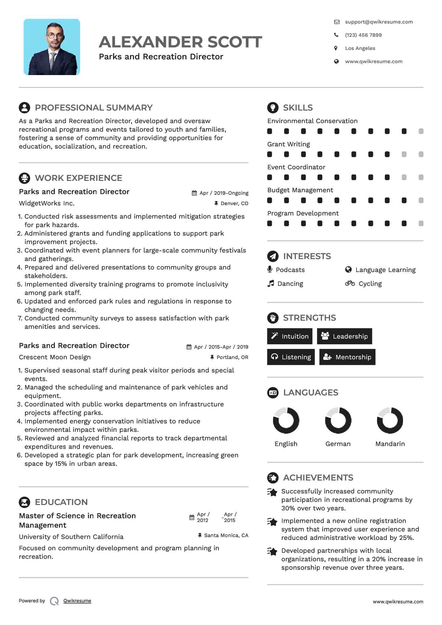 Parks and Recreation Director Resume Example