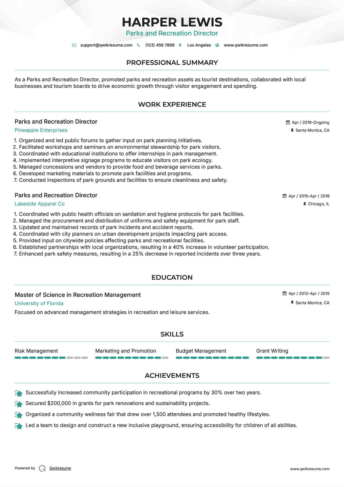 Parks and Recreation Director Resume Template