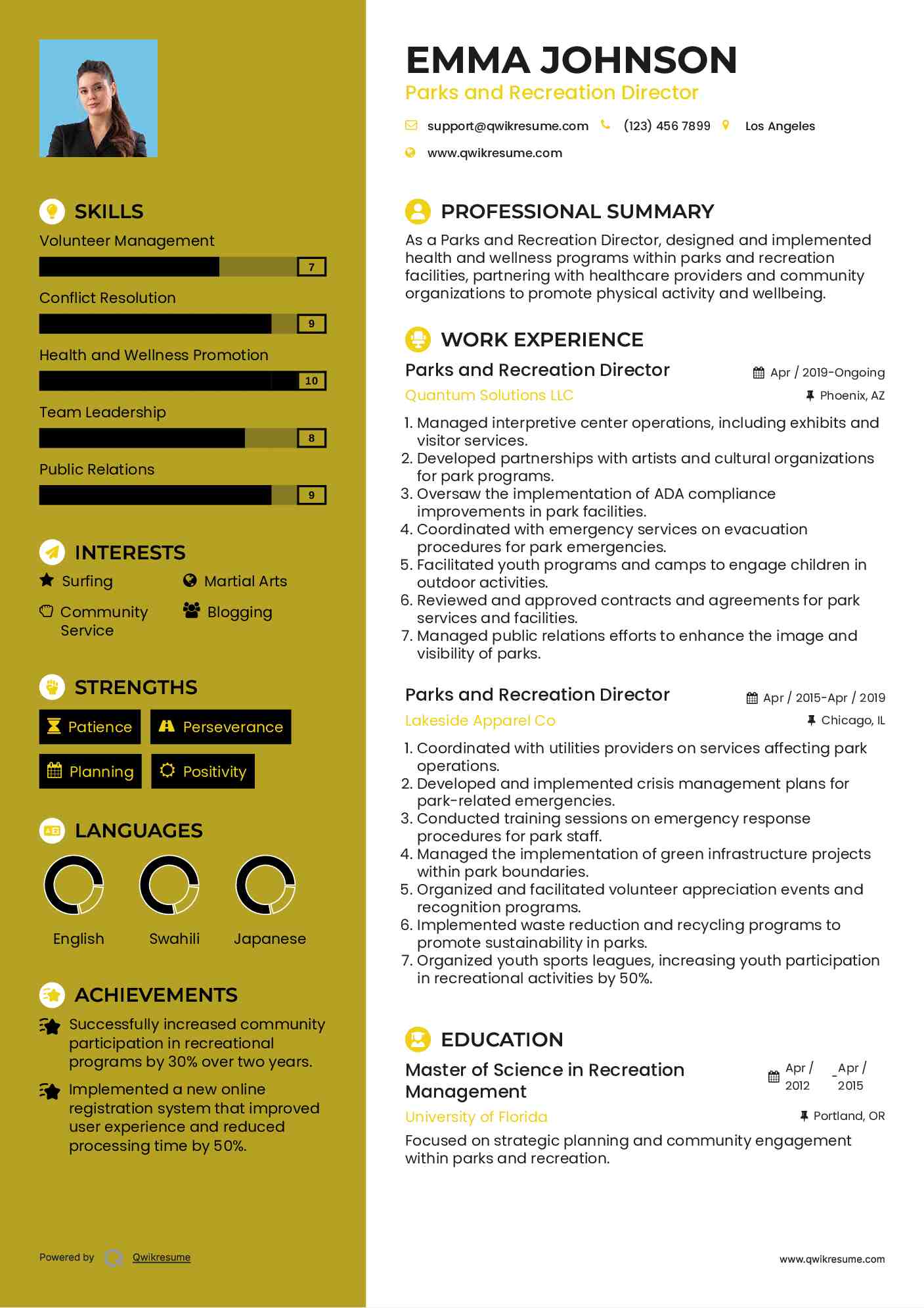 Parks and Recreation Director Resume Example