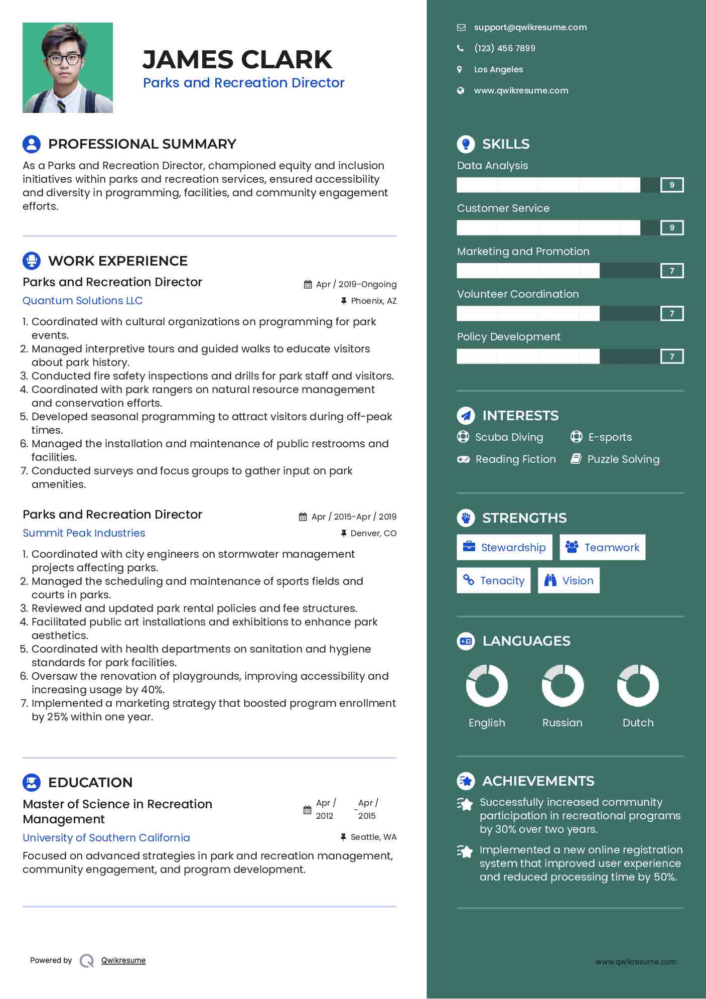 Parks and Recreation Director Resume Model