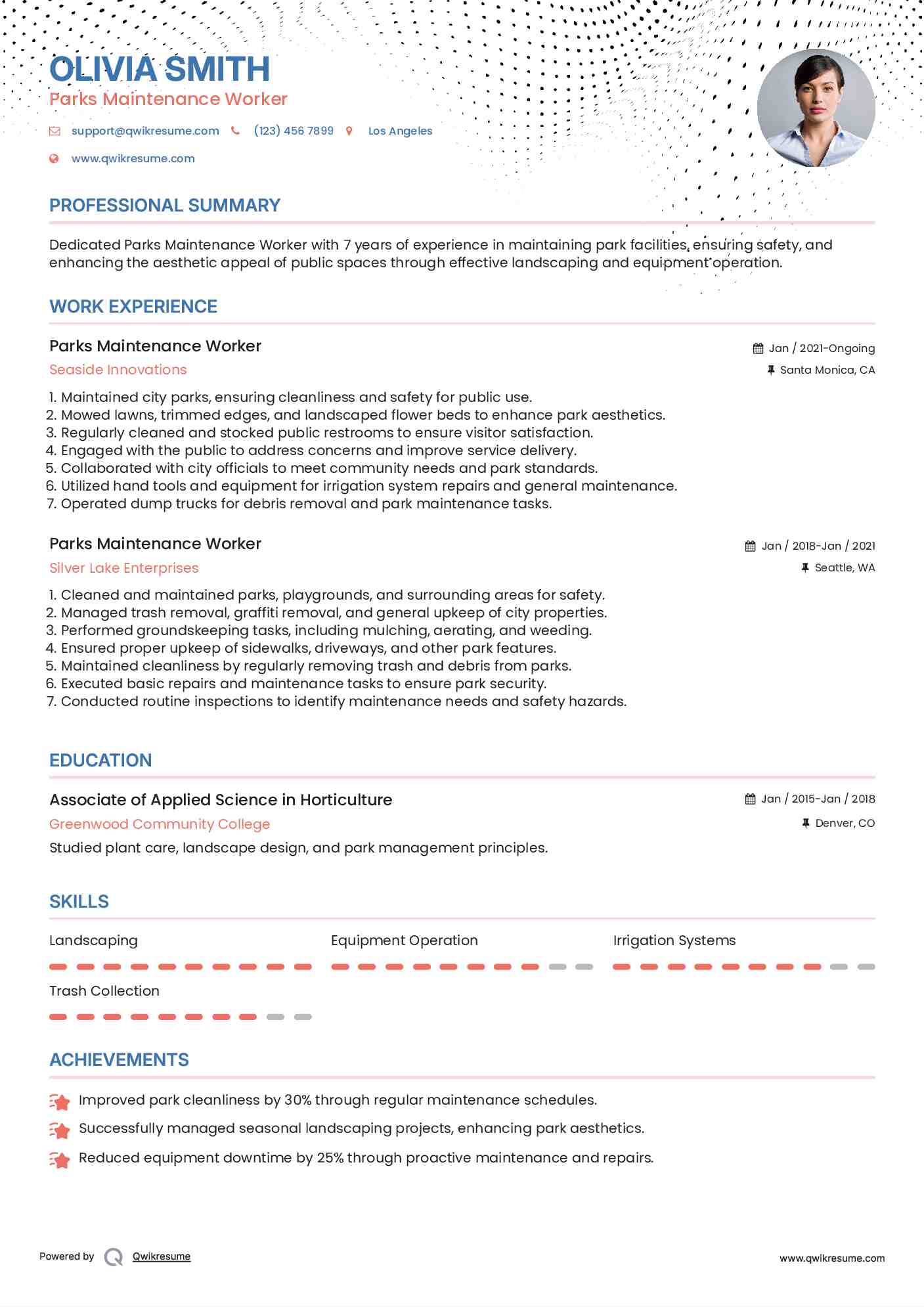 Parks Maintenance Worker Resume Example