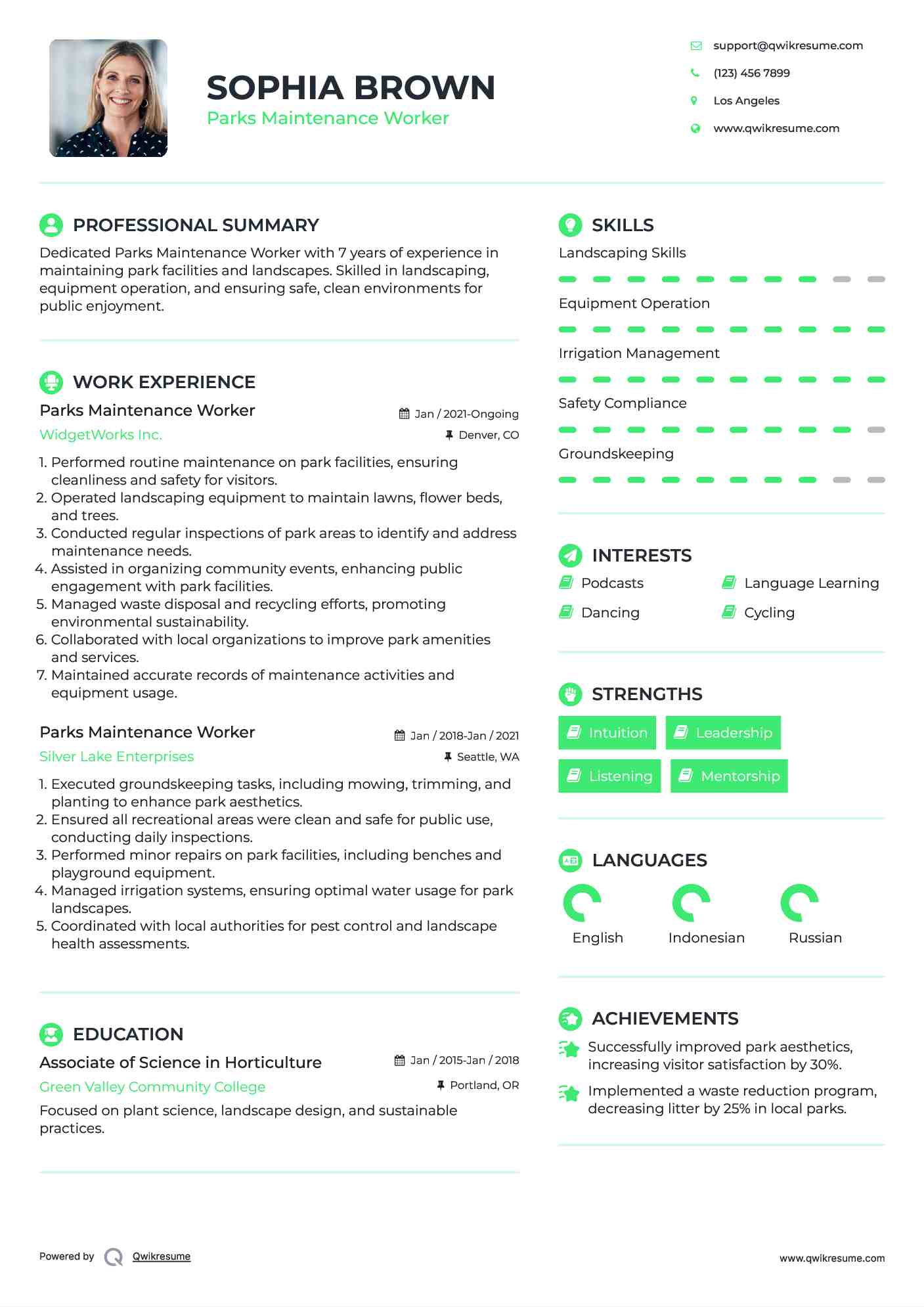 Parks Maintenance Worker Resume Format