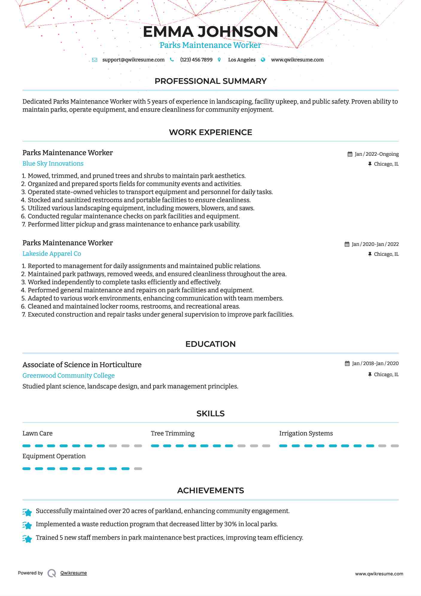 Parks Maintenance Worker Resume Template