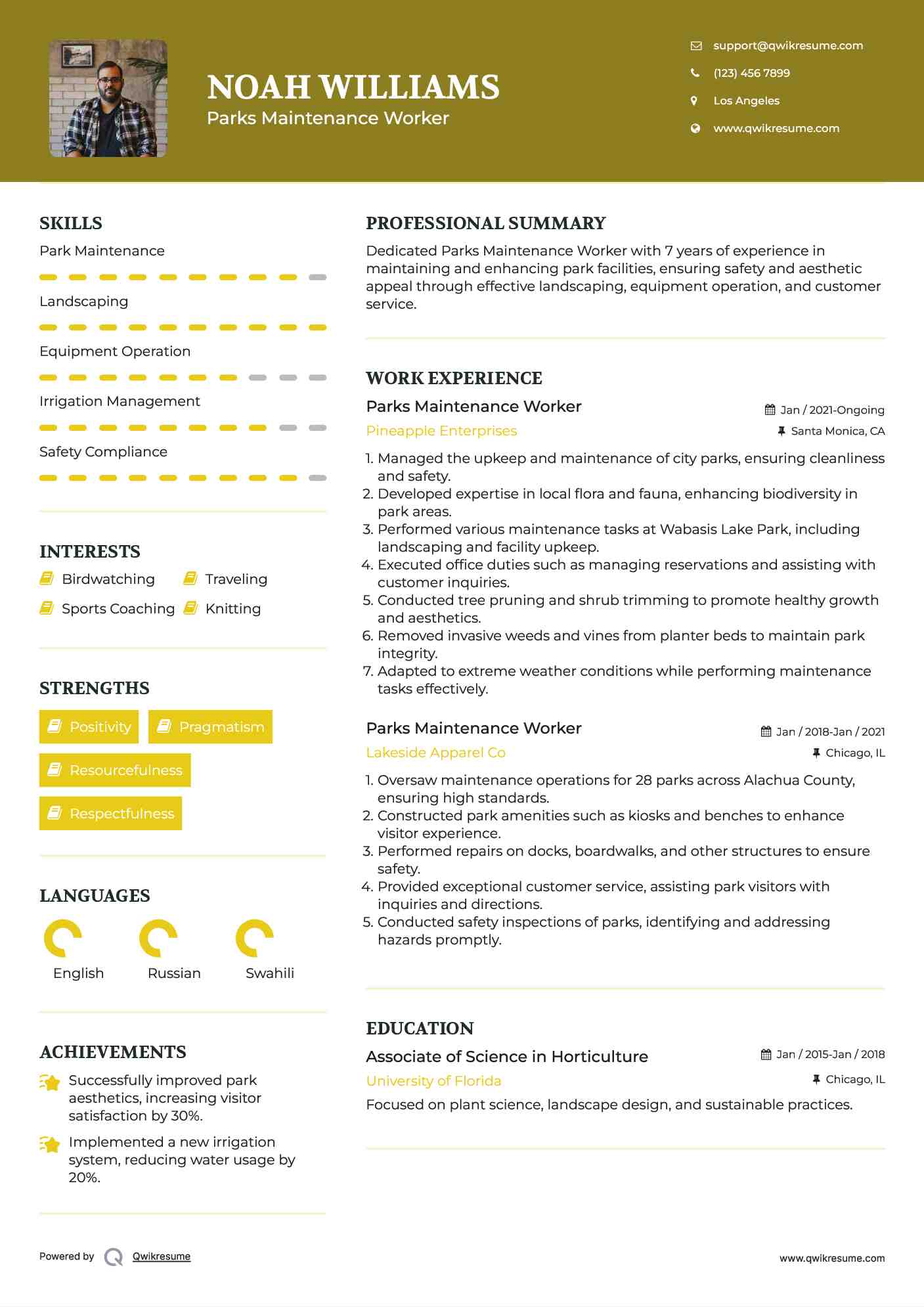 Parks Maintenance Worker Resume Example
