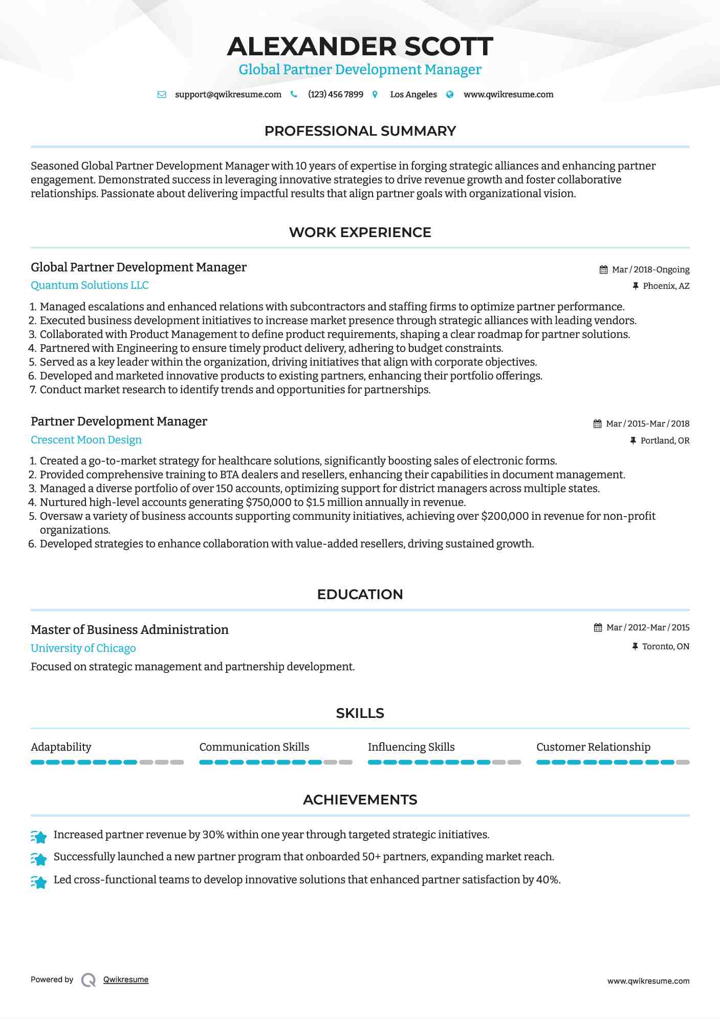 Global Partner Development Manager Resume Model