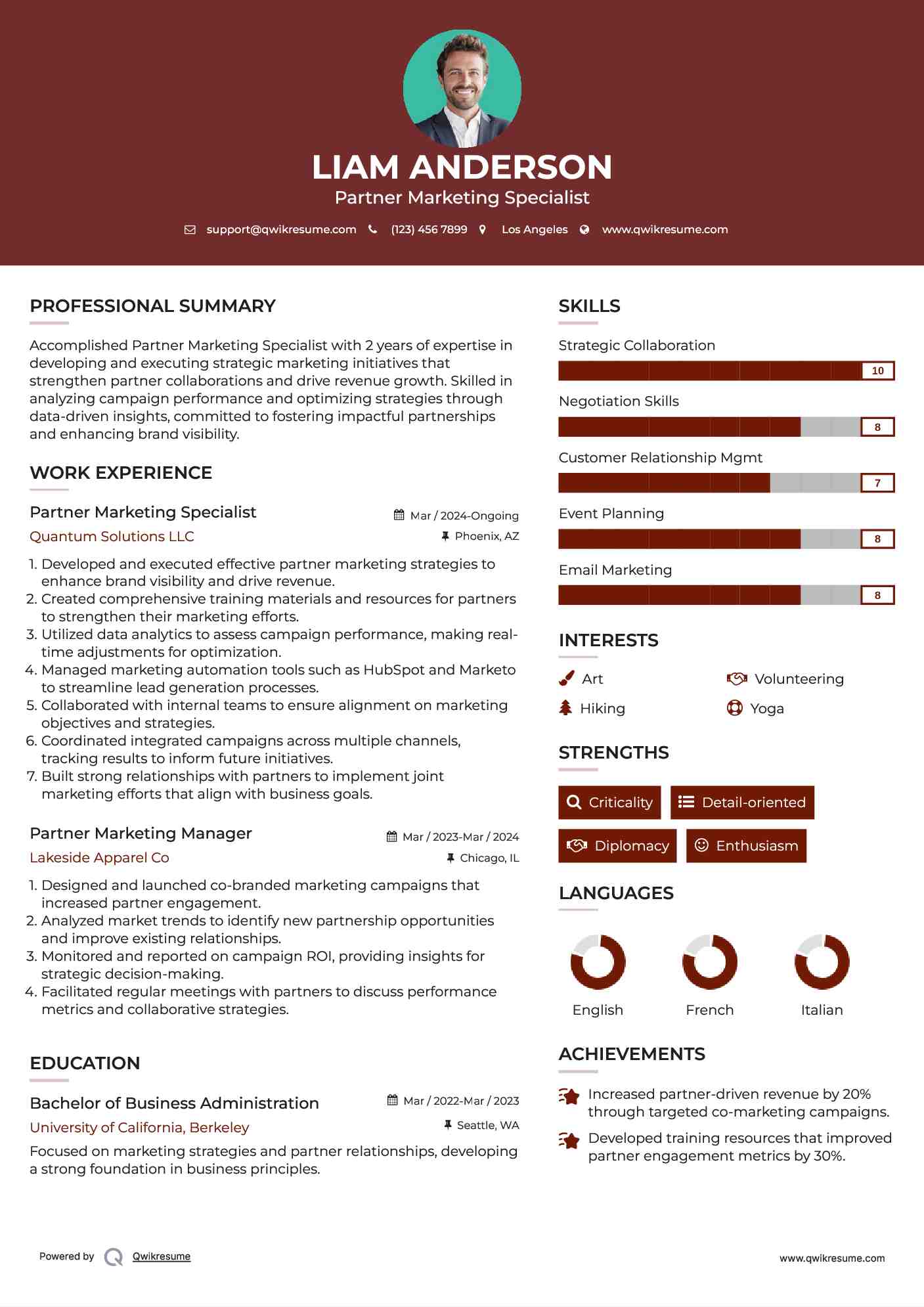 Partner Marketing Specialist Resume Example