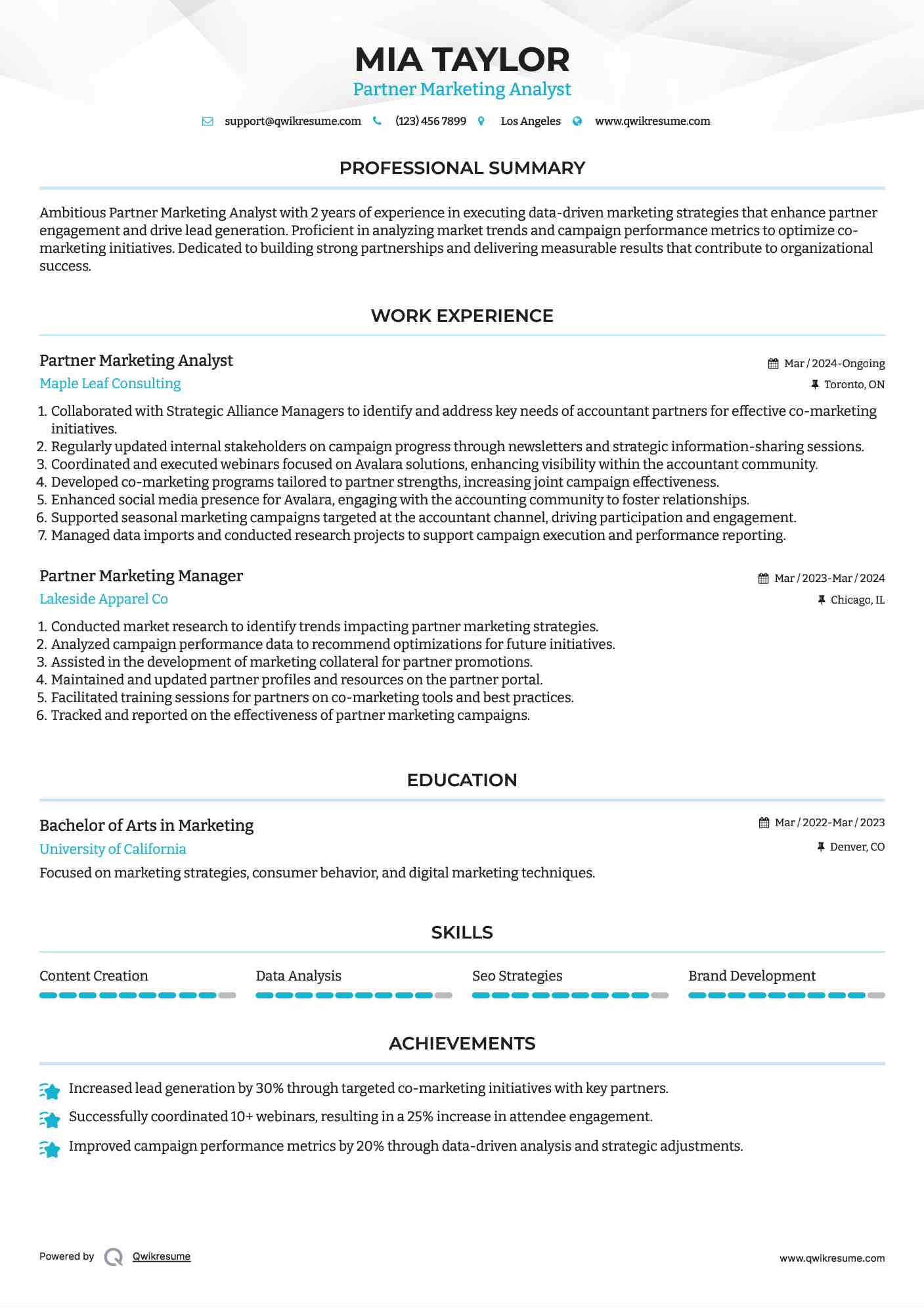 Partner Marketing Analyst Resume Example