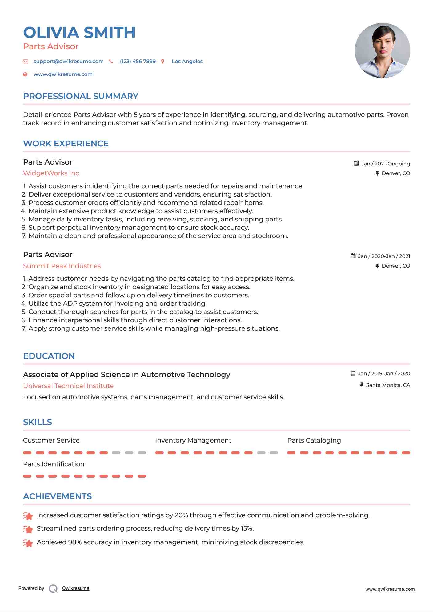 Parts Advisor Resume Model