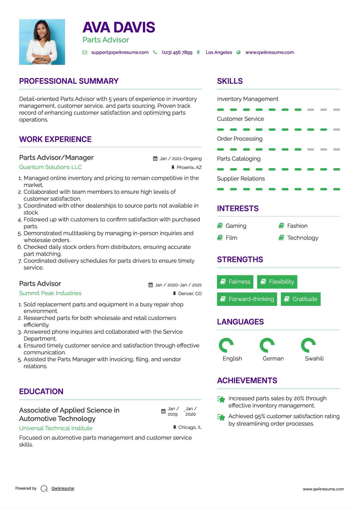 Parts Advisor/Manager Resume Template