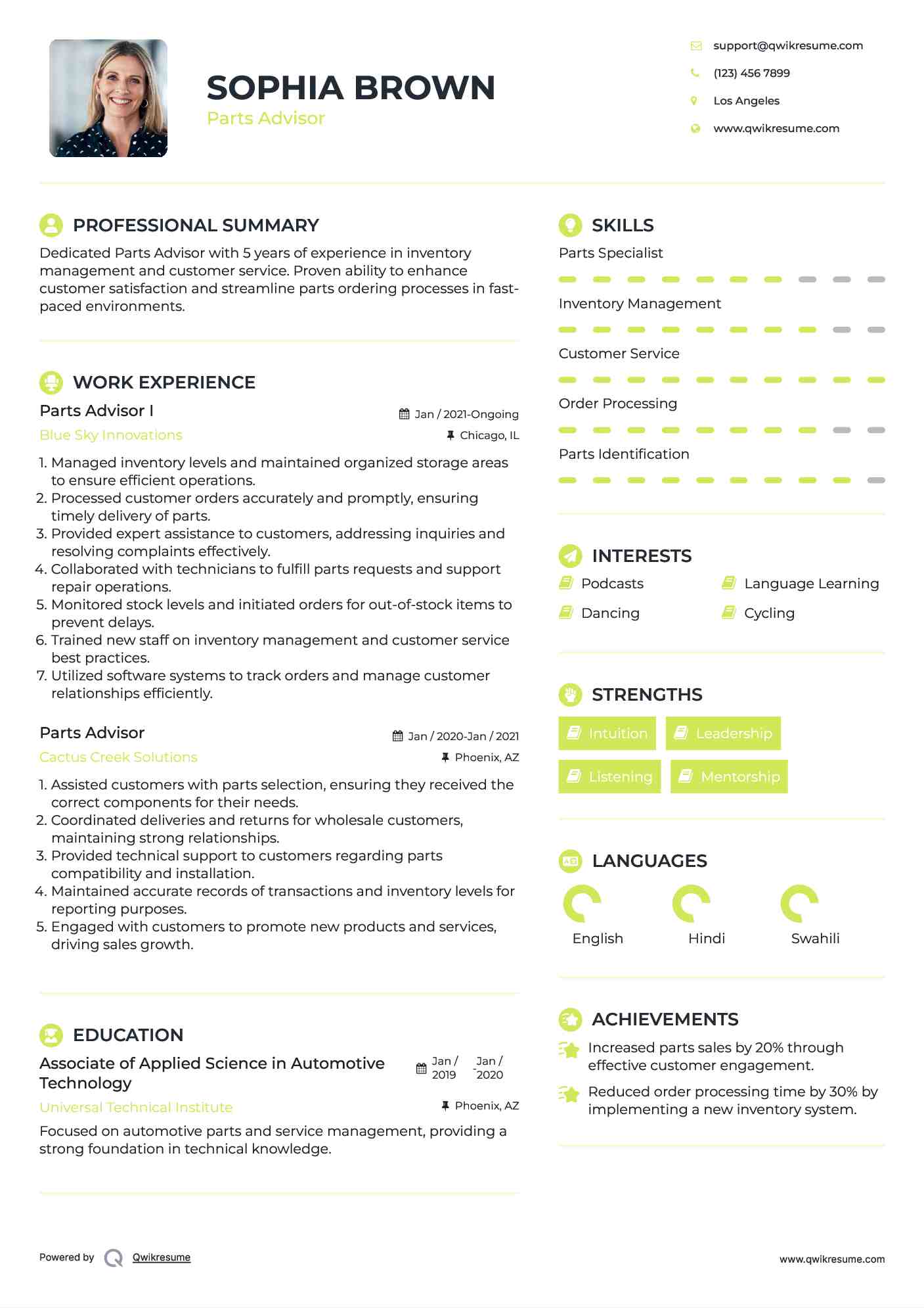 Parts Advisor I Resume Sample