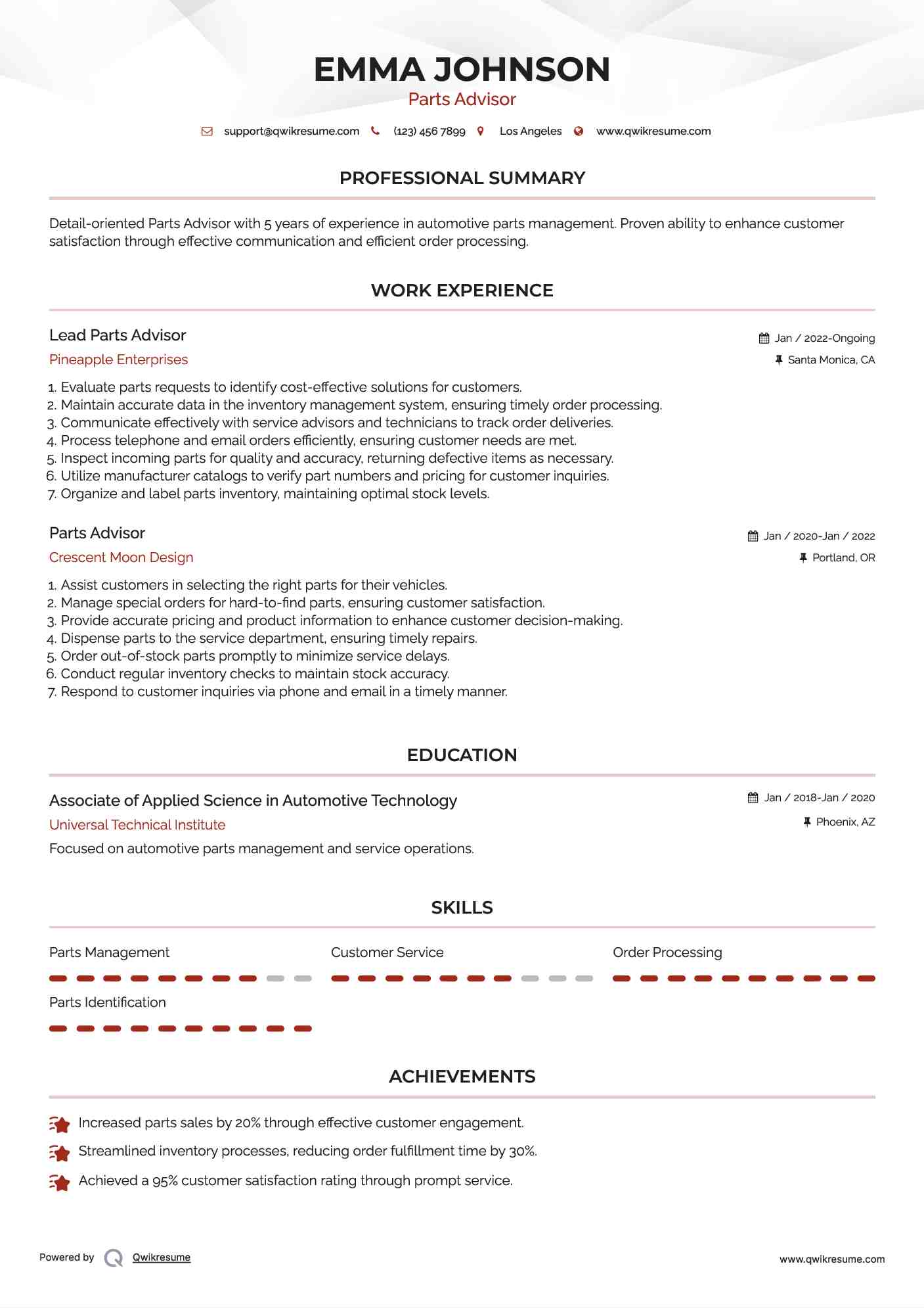 Lead Parts Advisor Resume Model