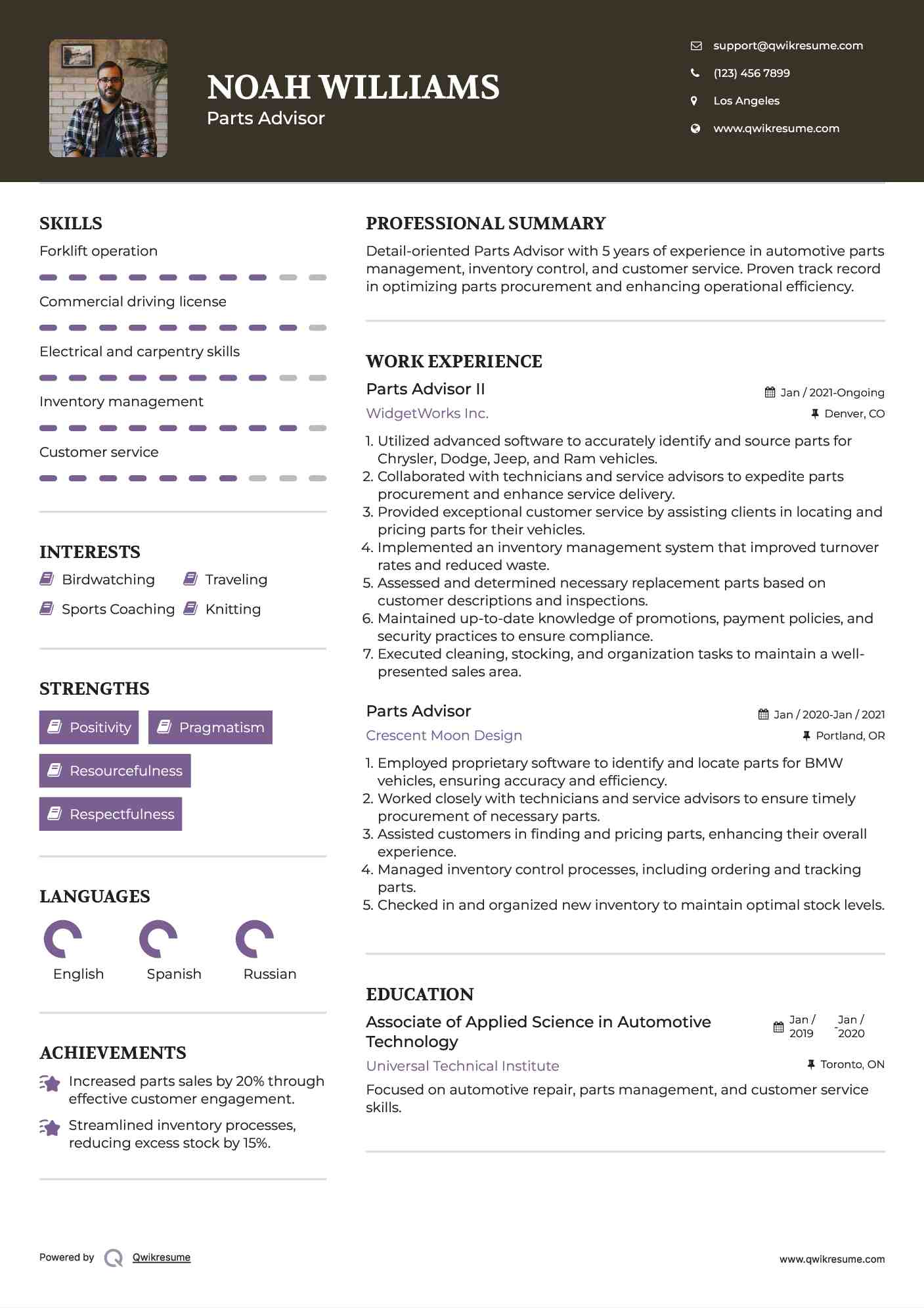 Parts Advisor II Resume Example