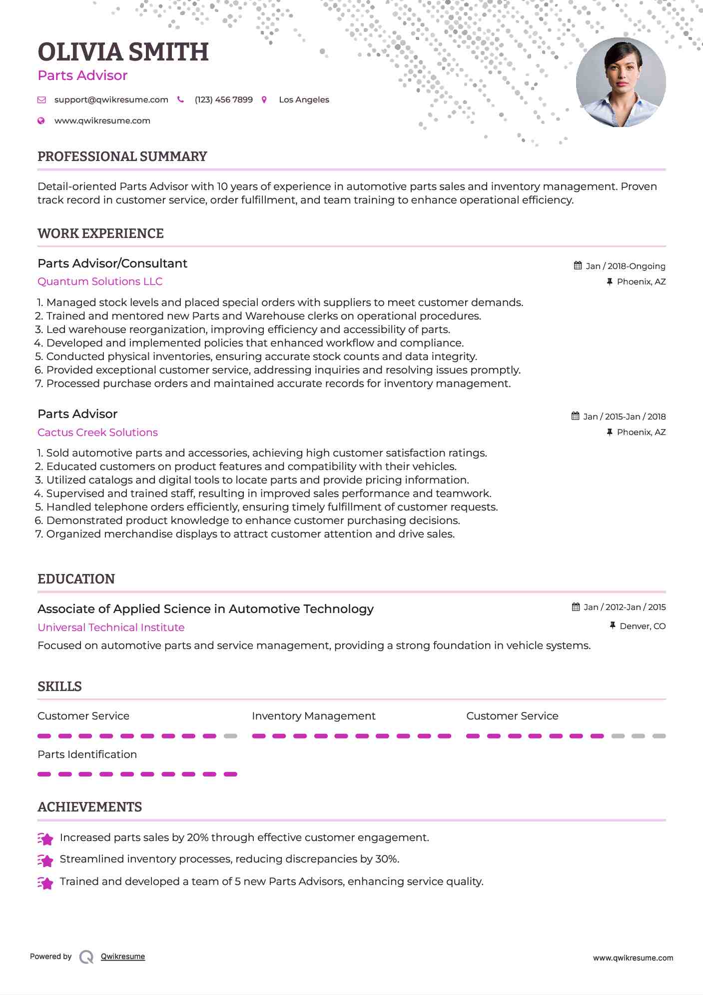 Parts Advisor/Consultant Resume Model