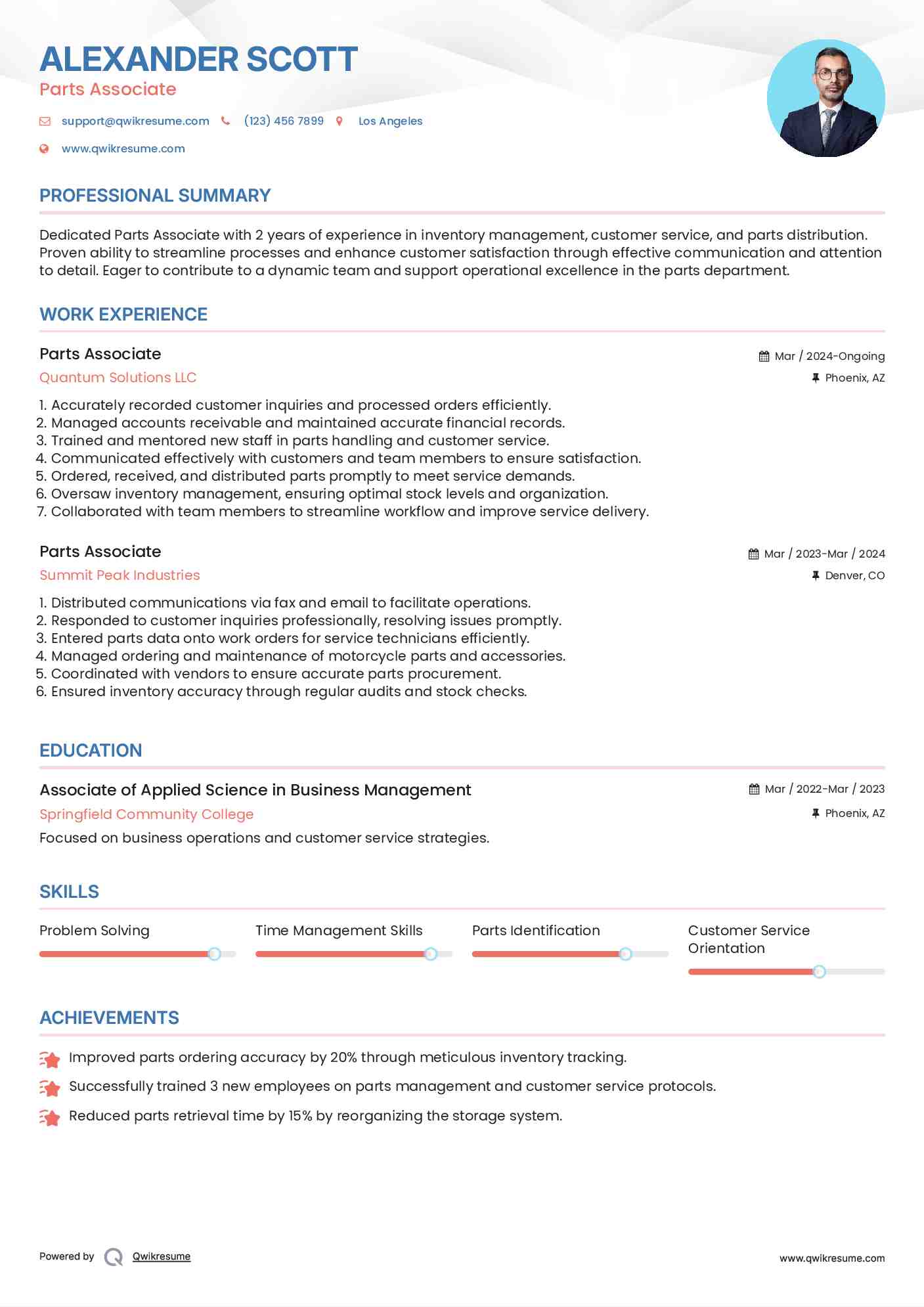 Parts Associate Resume Format