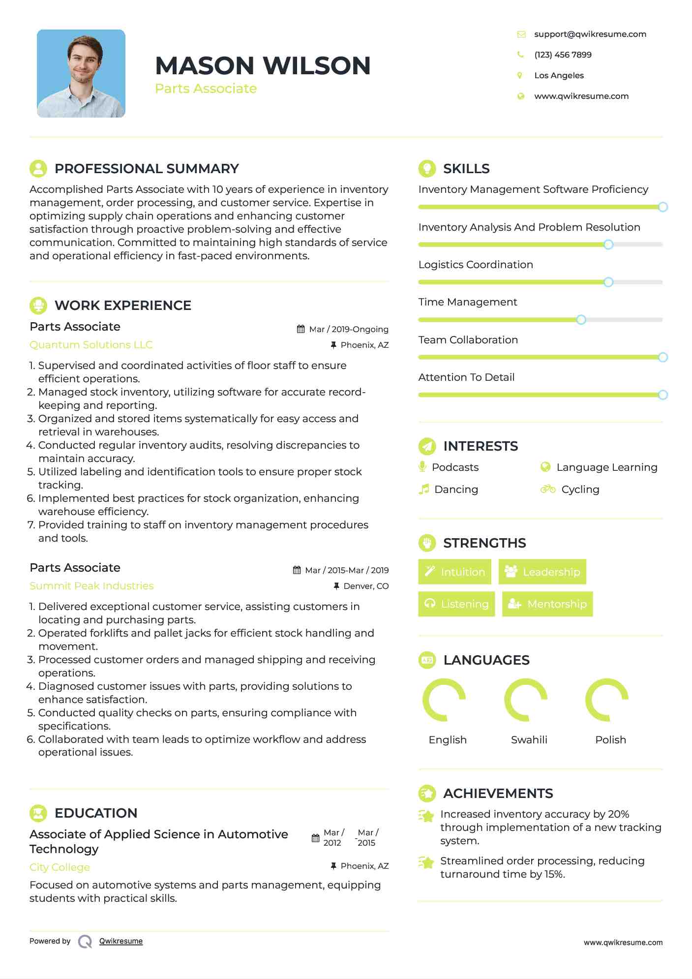 Parts Associate Resume Model