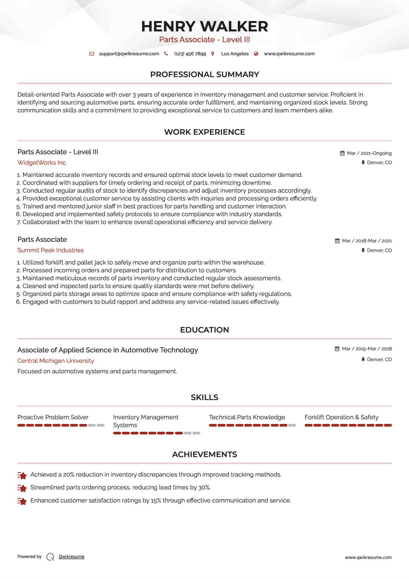 Parts Associate - Level III Resume Sample