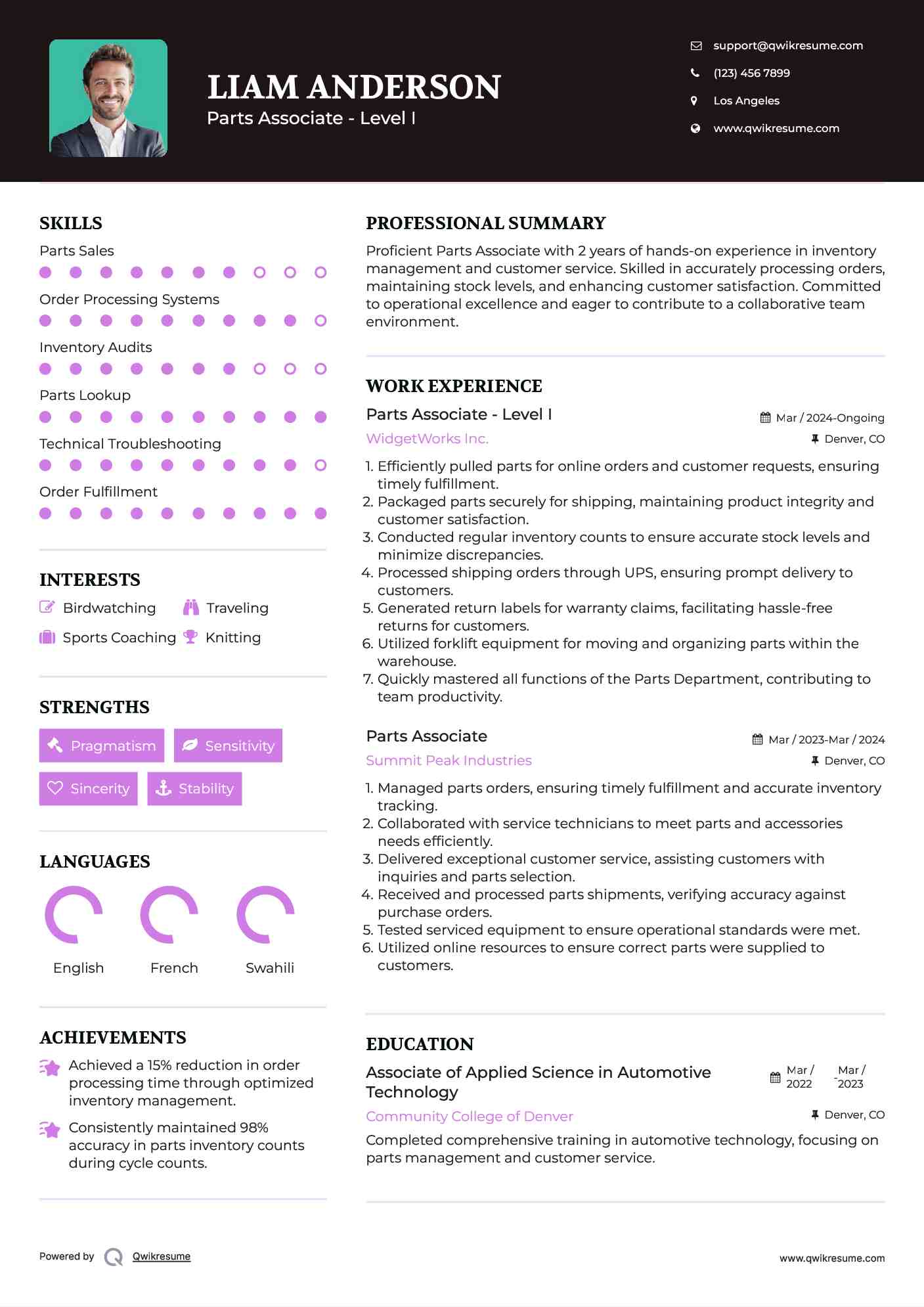 Parts Associate - Level I Resume Example